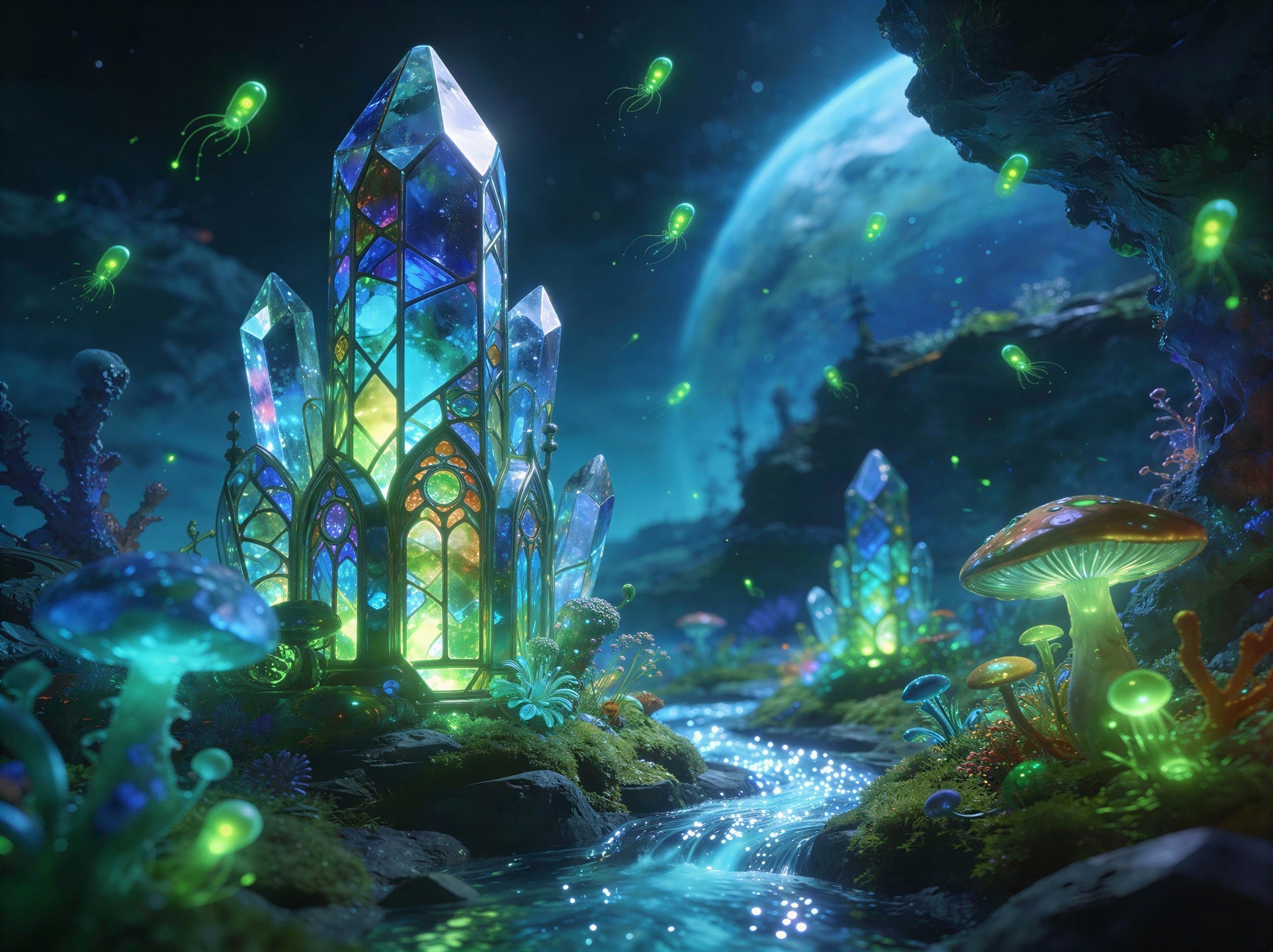 Fantastical Landscape with Crystal Structure and Bioluminescence