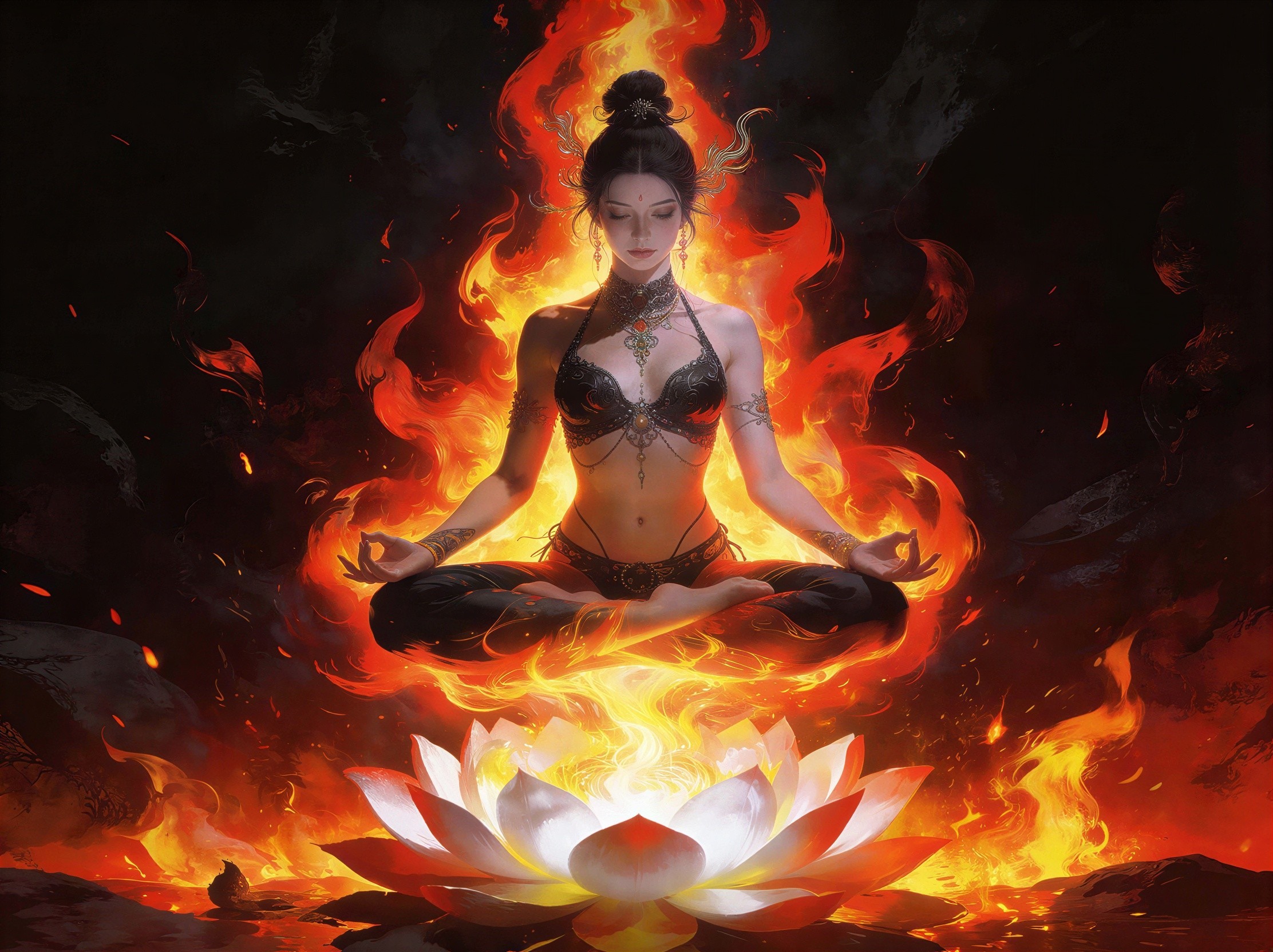Goddess Meditating on Lotus Surrounded by Fire