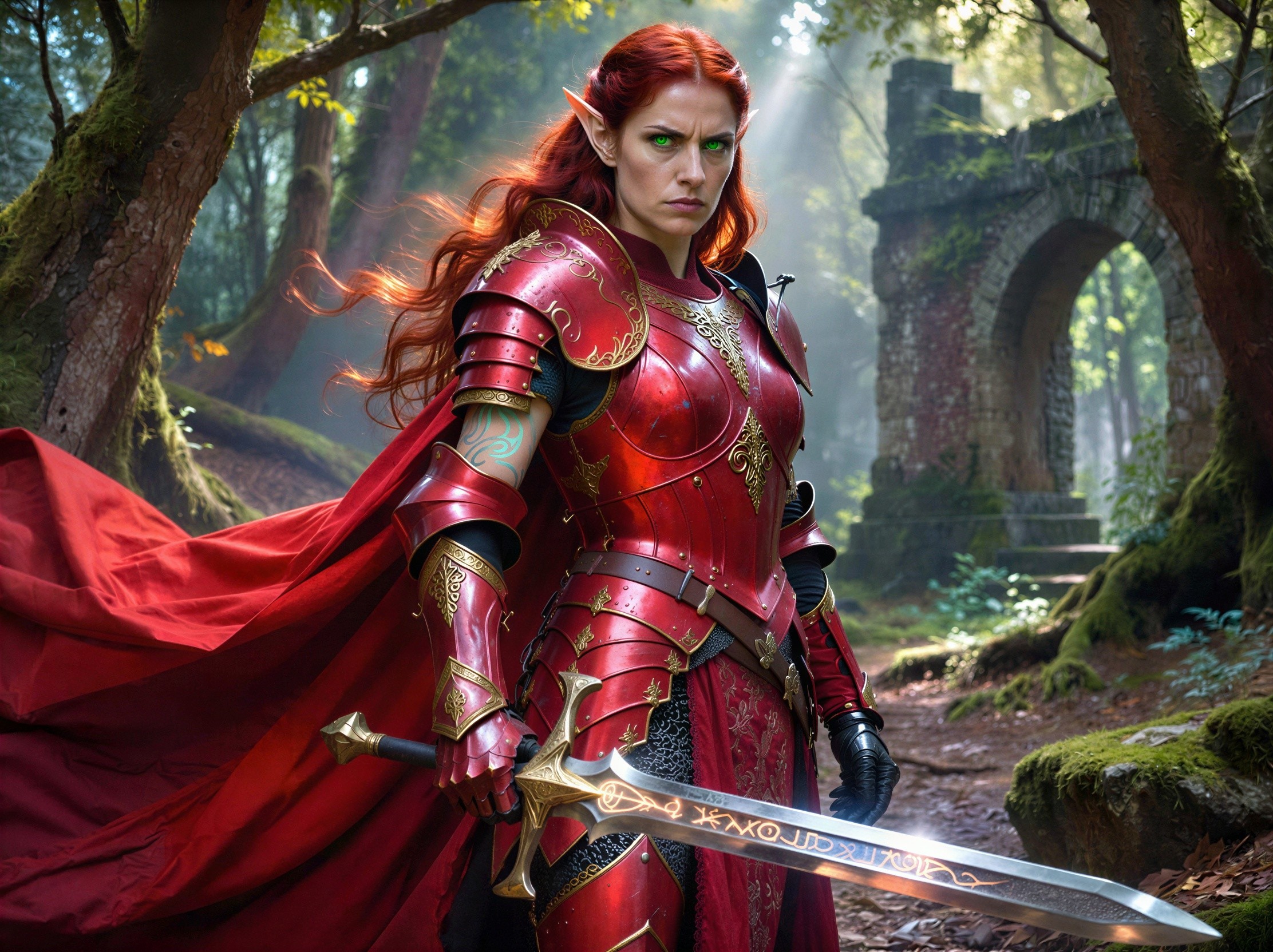 Female Elf Warrior in Mystical Forest with Sword