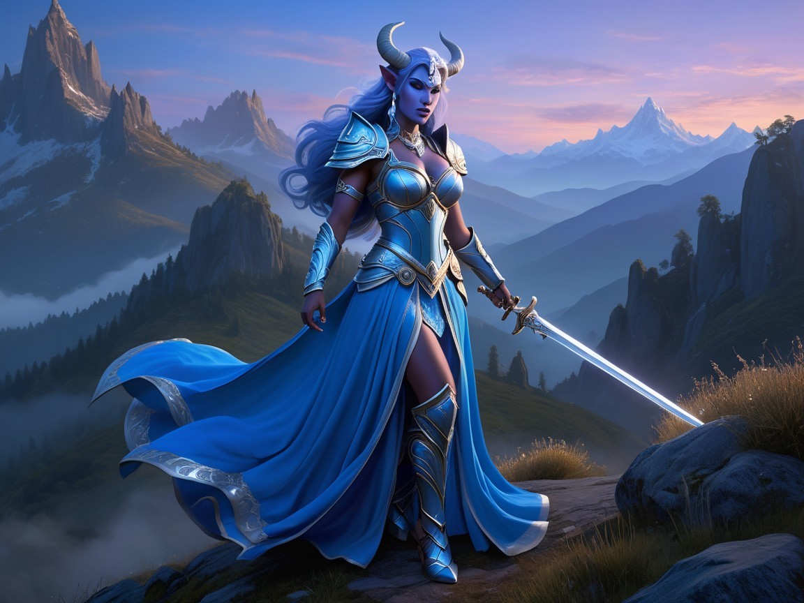 Full Body Shot of a Female Tiefling Warrior in Fantasy