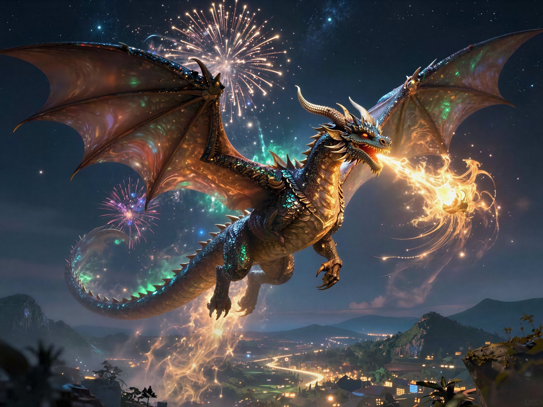 Majestic Dragon Soaring Amidst Twilight Fireworks