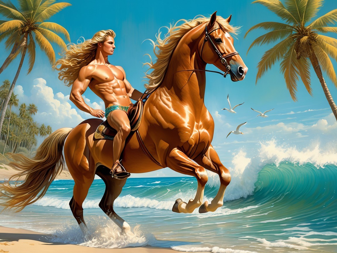 Muscular Man on Horse in Shallow Surf at Beach