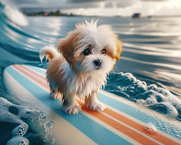 Fluffy Puppy Surfing on Blue Wave with Surfboard