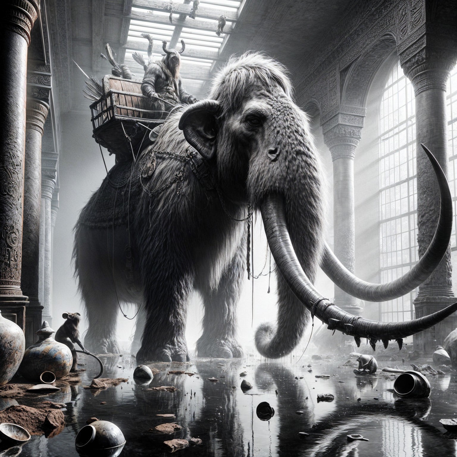 Woolly Mammoth in Ancient Hall with Artifacts and Light