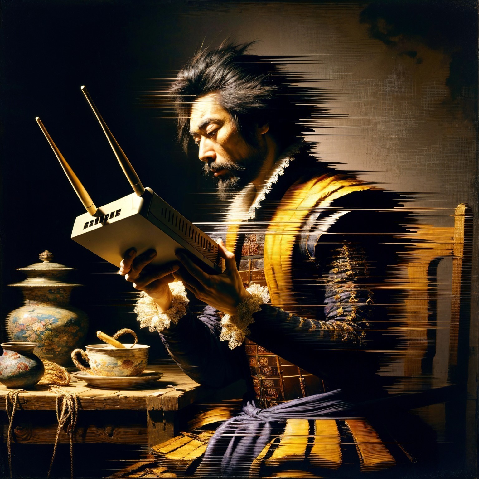 Samurai in Traditional Attire with Vintage Communication Device