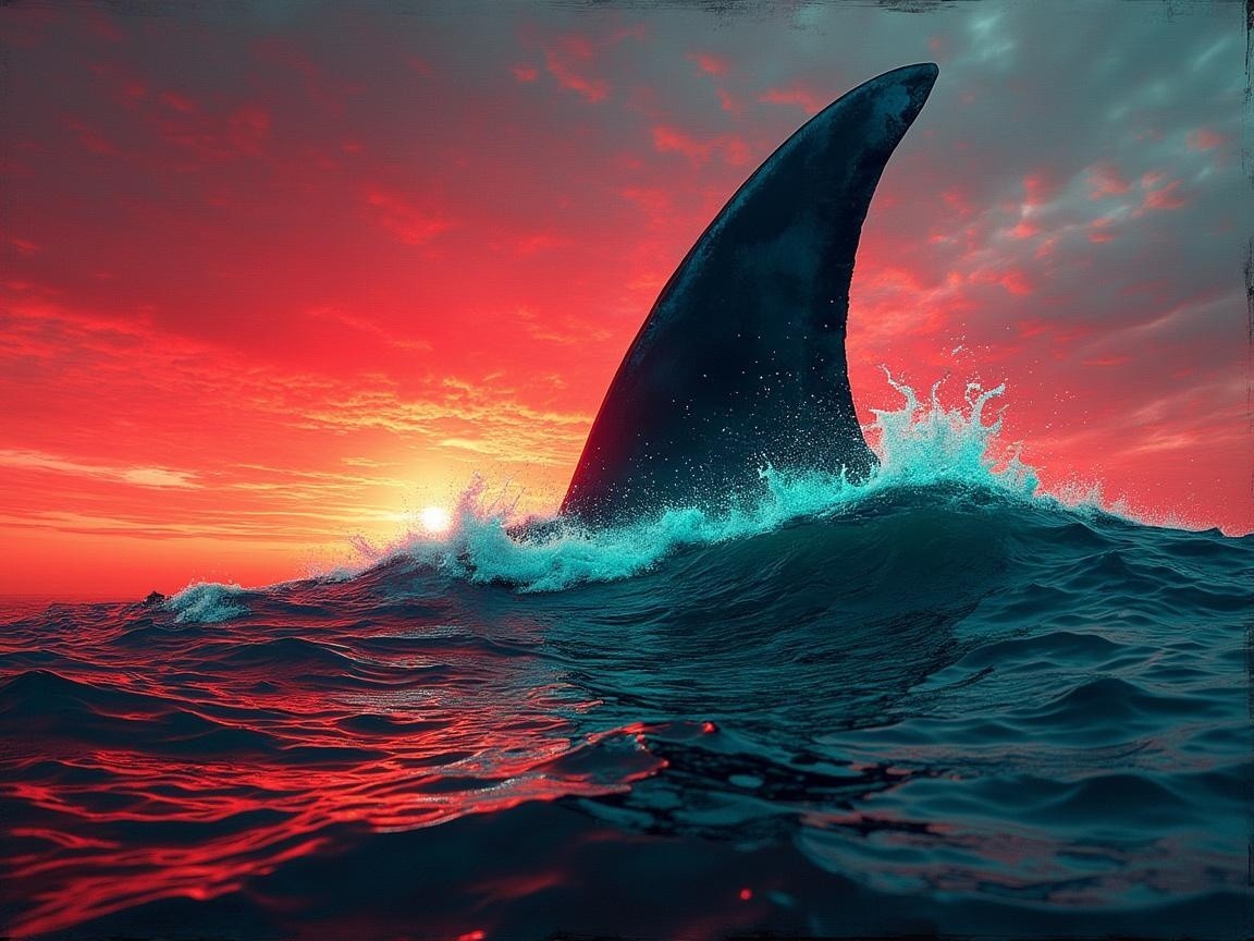 Dramatic Sunset with Shark Fin in Ocean Scene