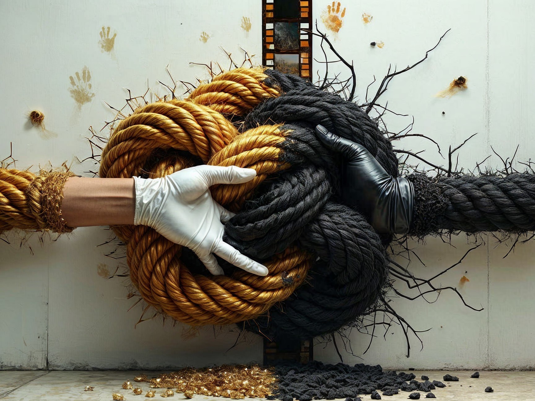 Artistic Composition of Intertwined Gold and Black Ropes