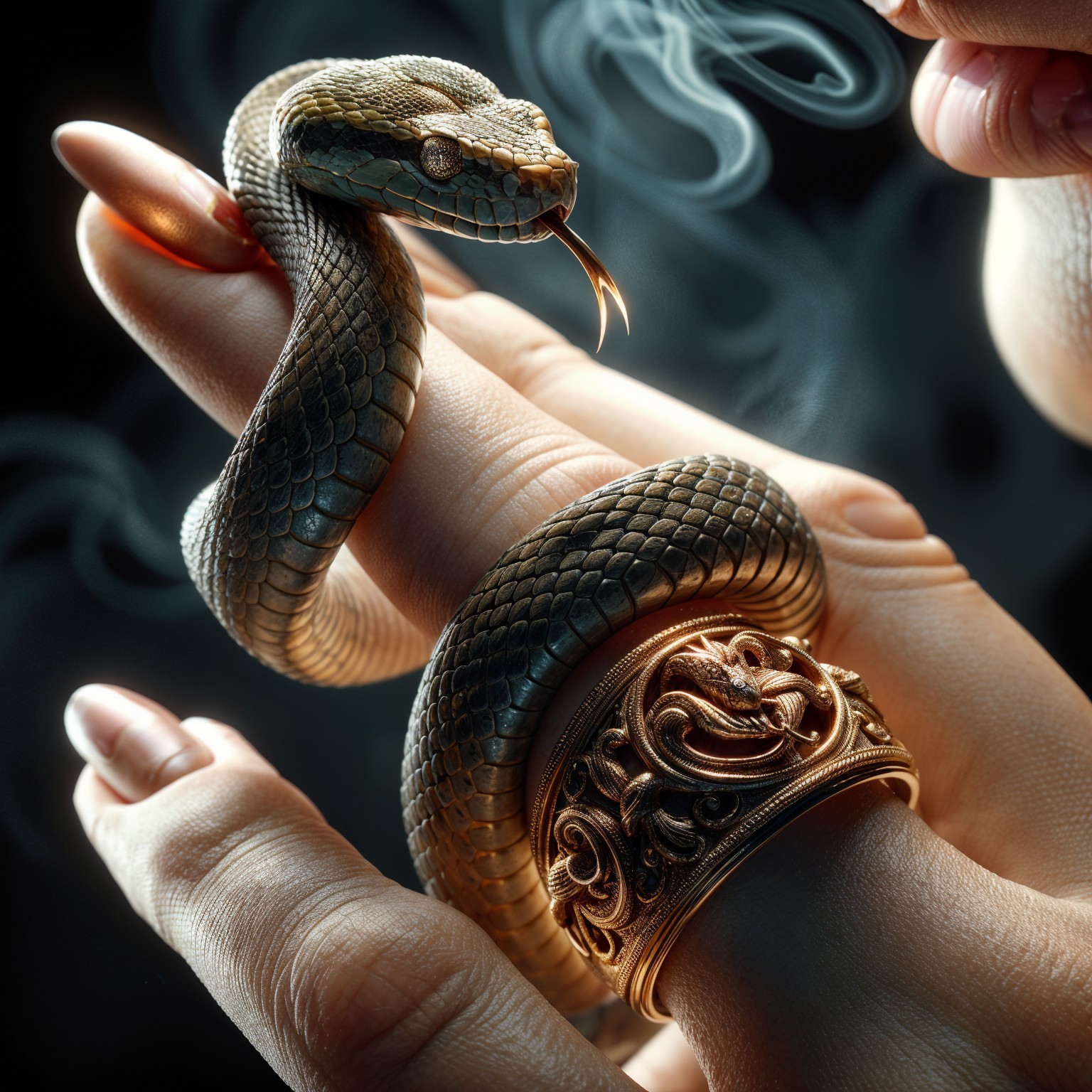 Close-up of a hand with ornate golden ring and snake