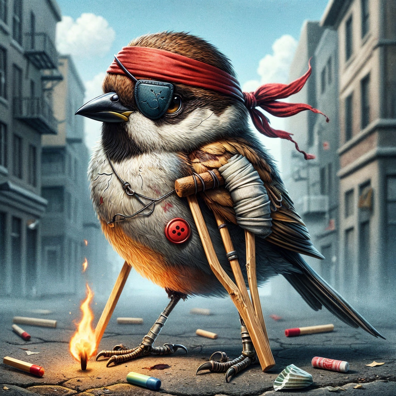 Cartoon Bird in Pirate Gear with Crutches and Chalk