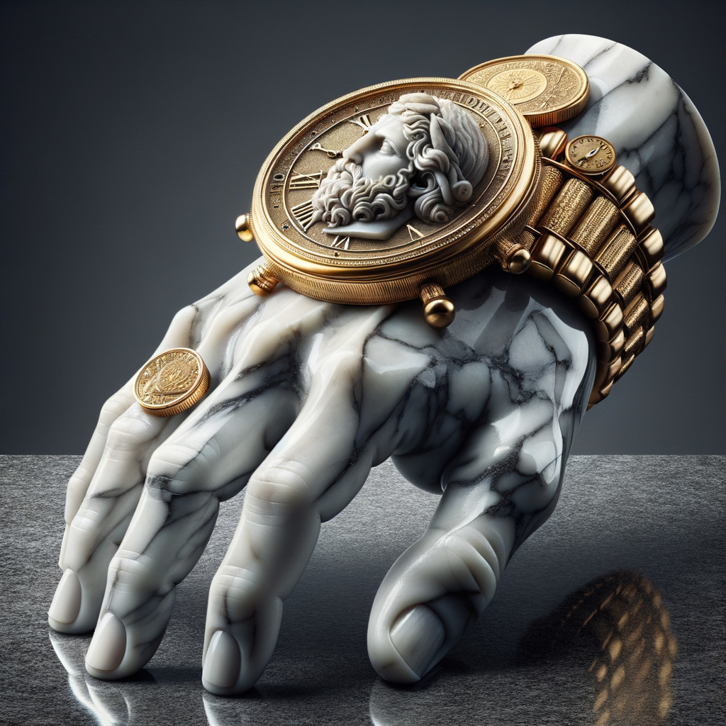 Marble Hand Holding Golden Watch and Coins Sculpture