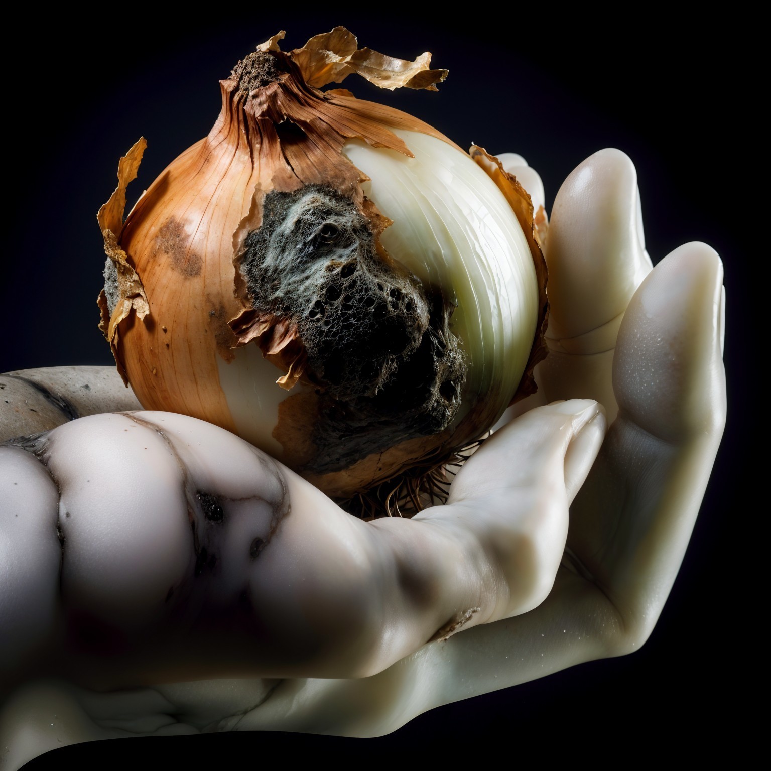Marble Hand Holding a Partially Rotten Onion