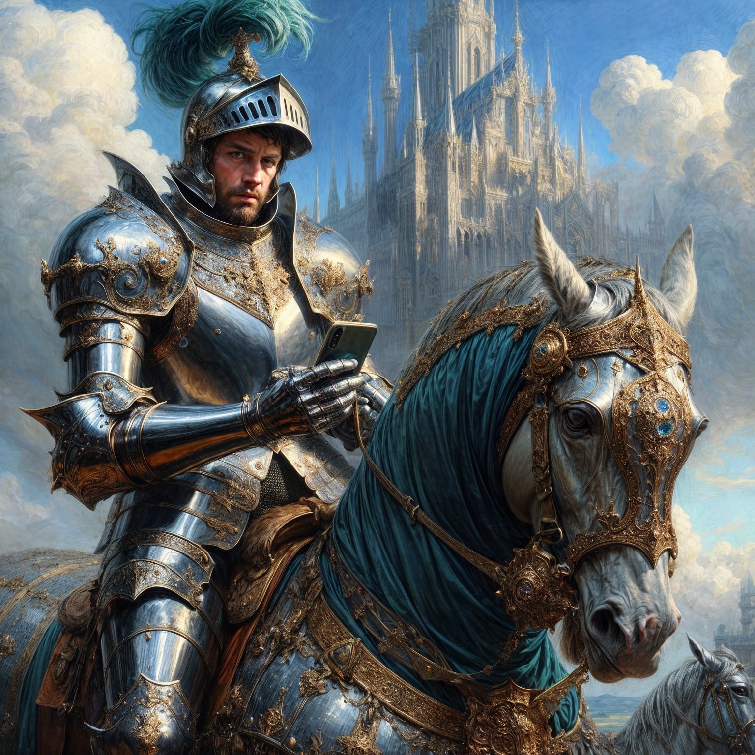 Knight in Armor with Smartphone and Castle Background