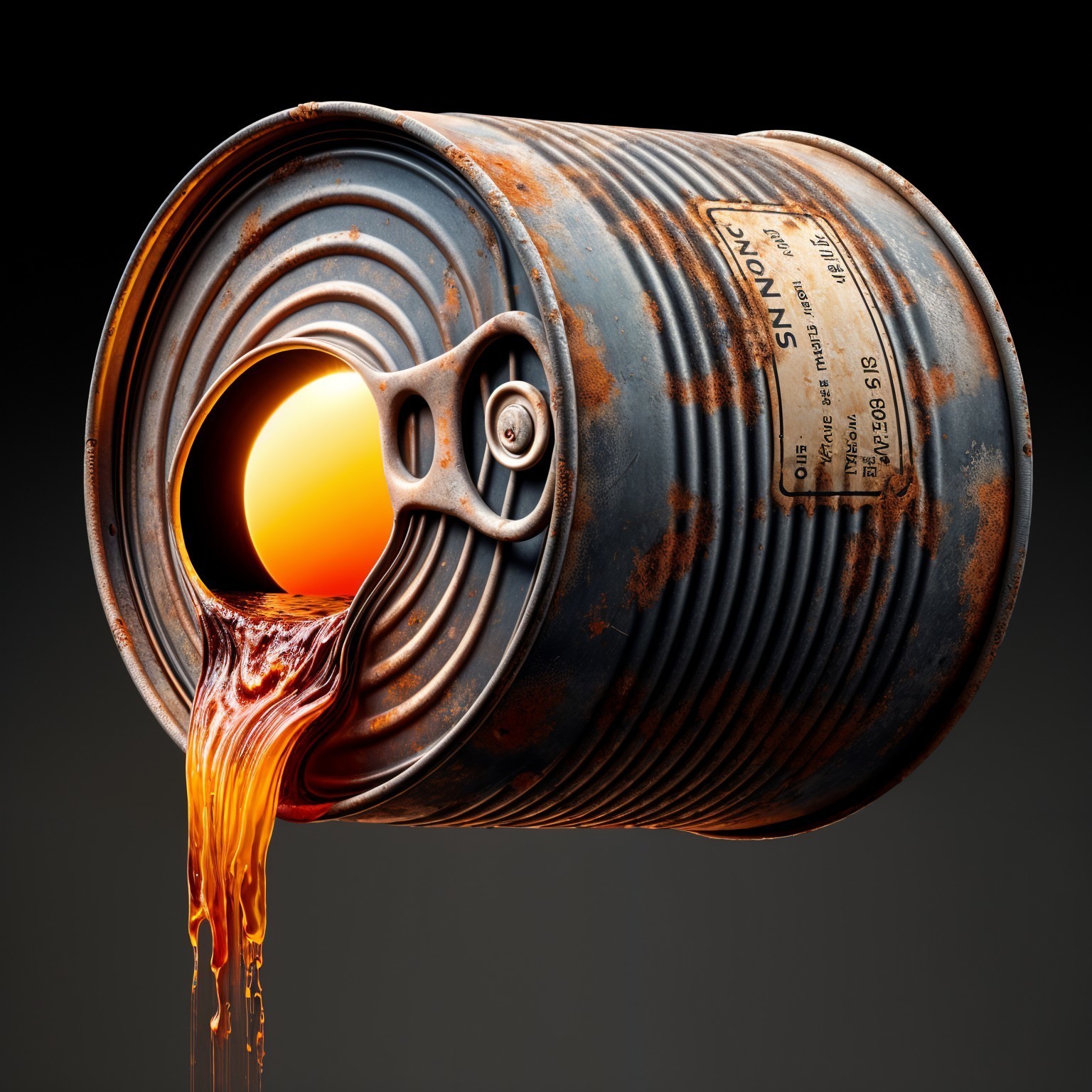 Rusty Barrel with Bright Orange Liquid on Dark Background