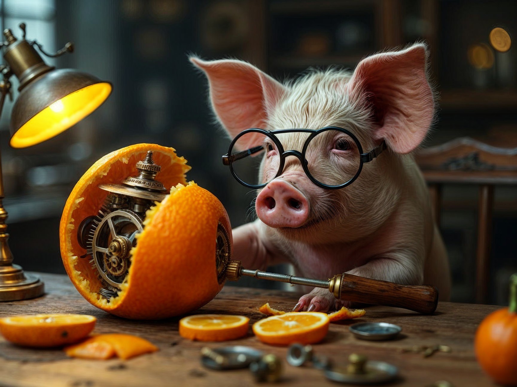 Curious Pig Examines Clockwork Inside Opened Orange