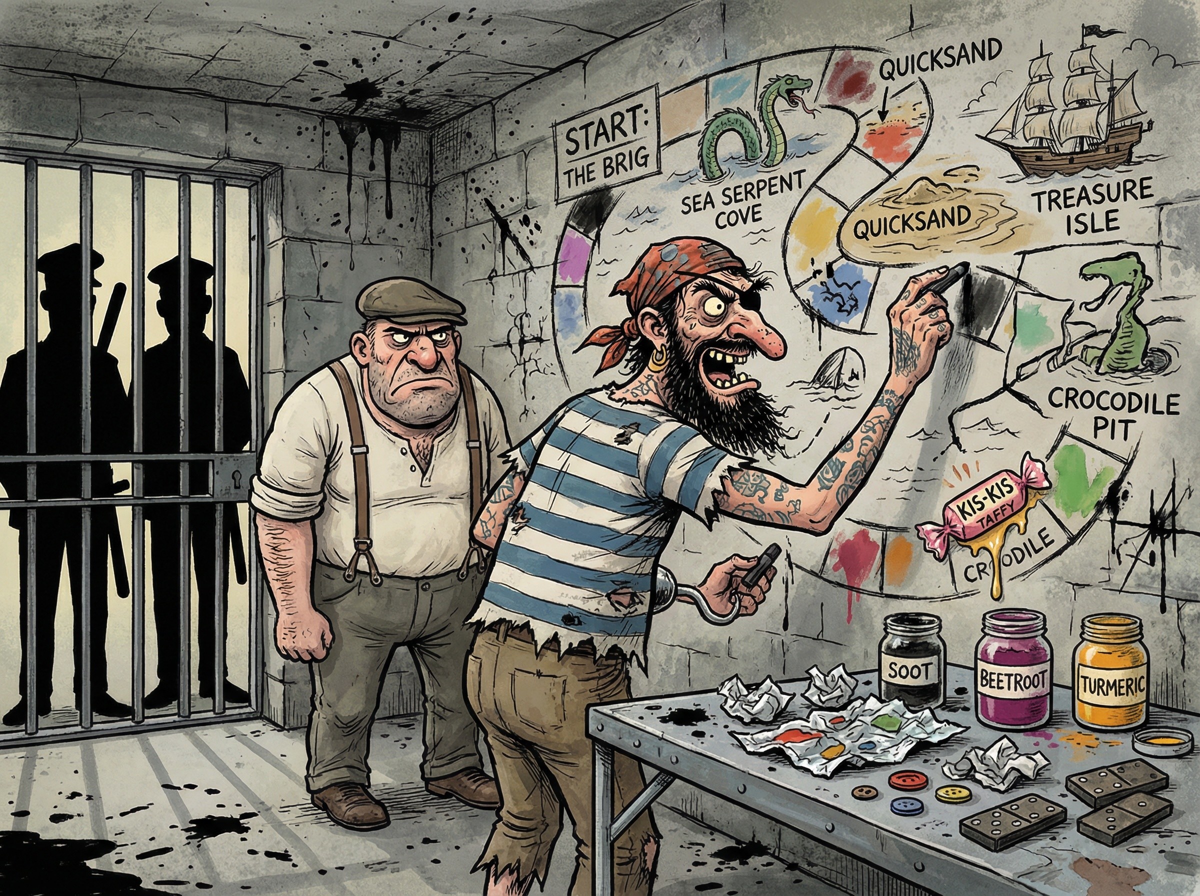 Pirate Illustrates Game in Jail Cell with Guard Nearby