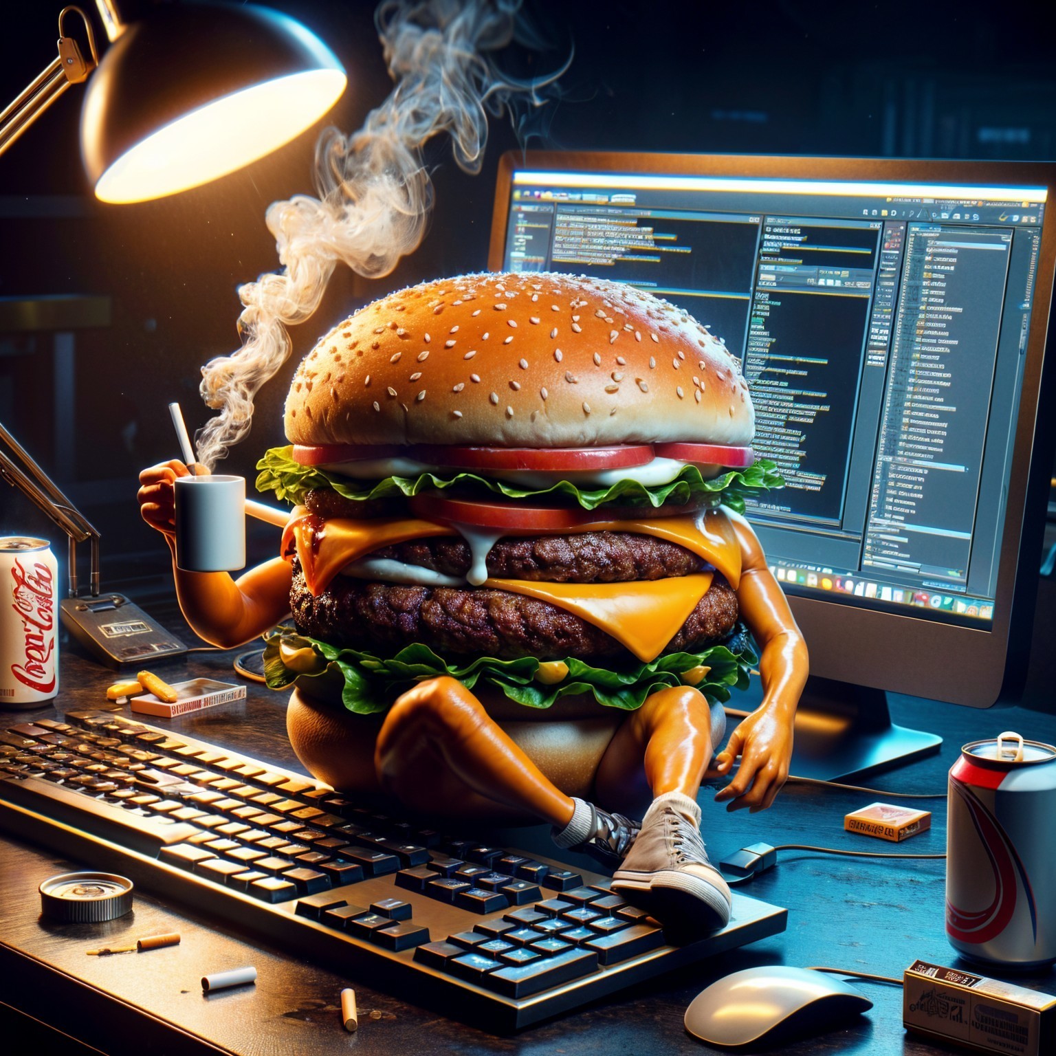 Surreal Scene of a Giant Hamburger at a Desk