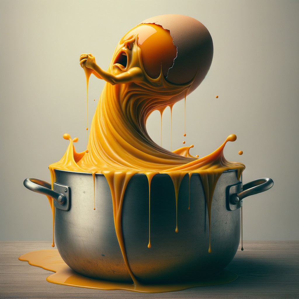 Surreal Scene of Overflowing Metallic Pot and Egg Figure