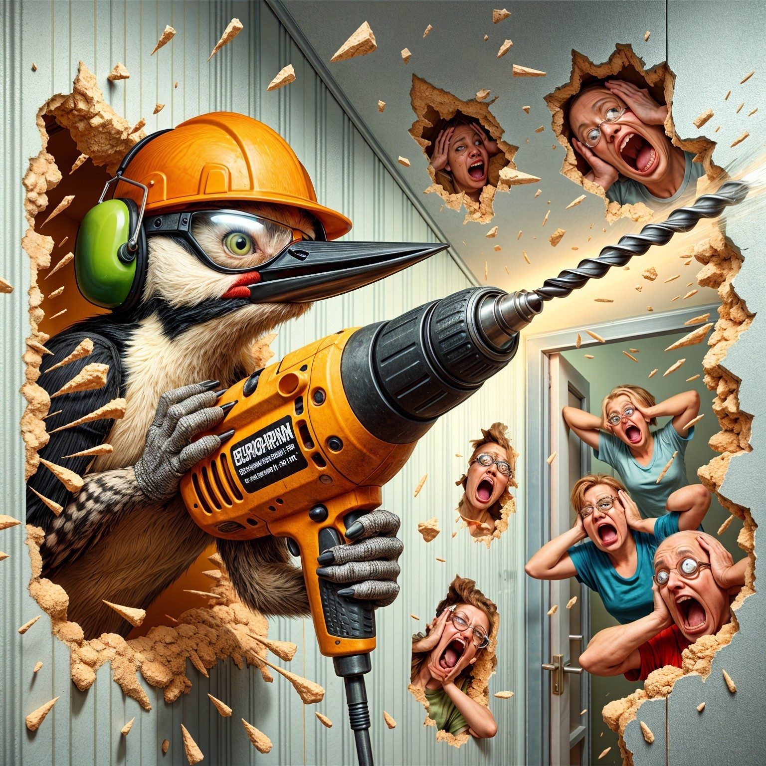 Cartoon Woodpecker with Drill Creates Comedic Chaos