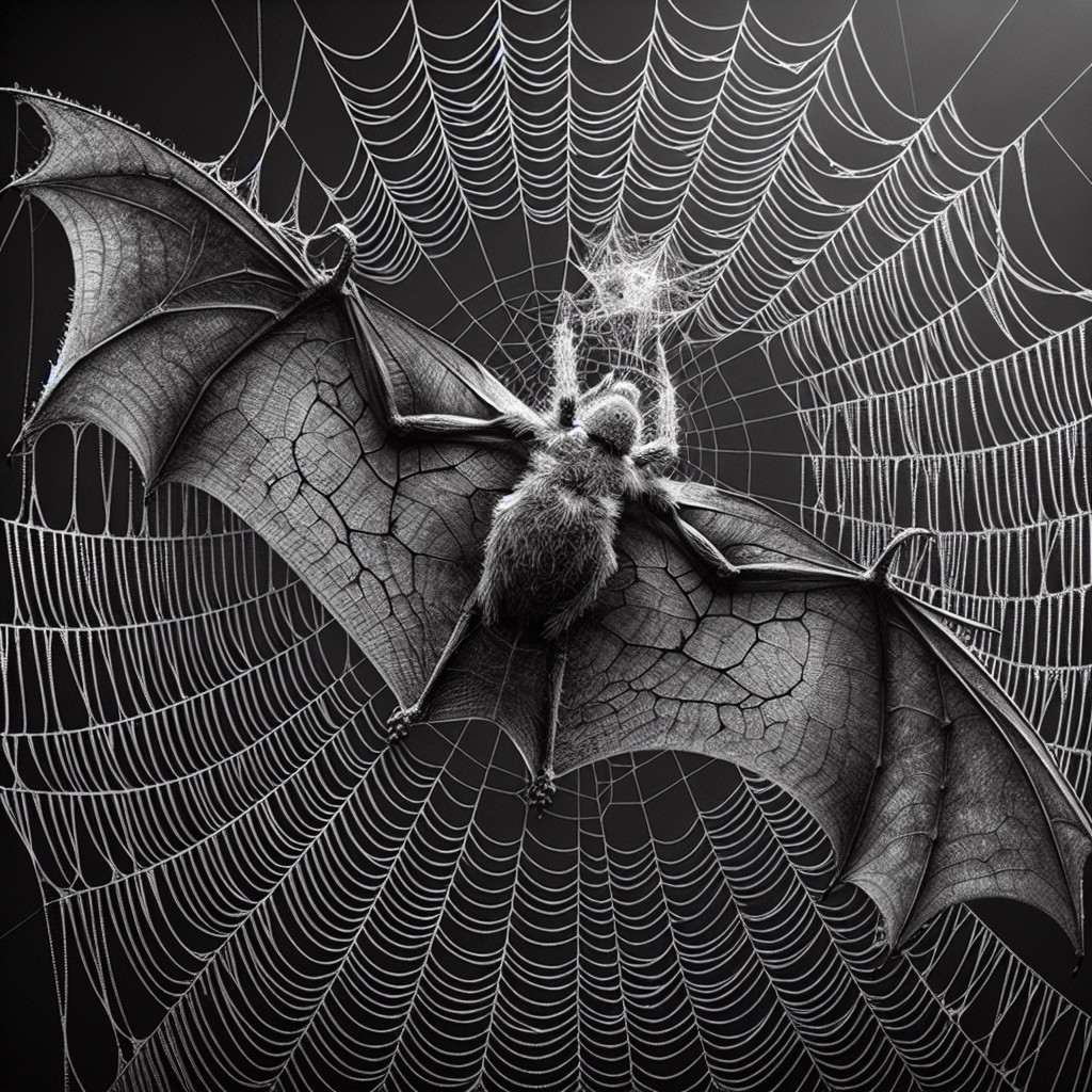 Black-and-white image of a bat in a spiderweb