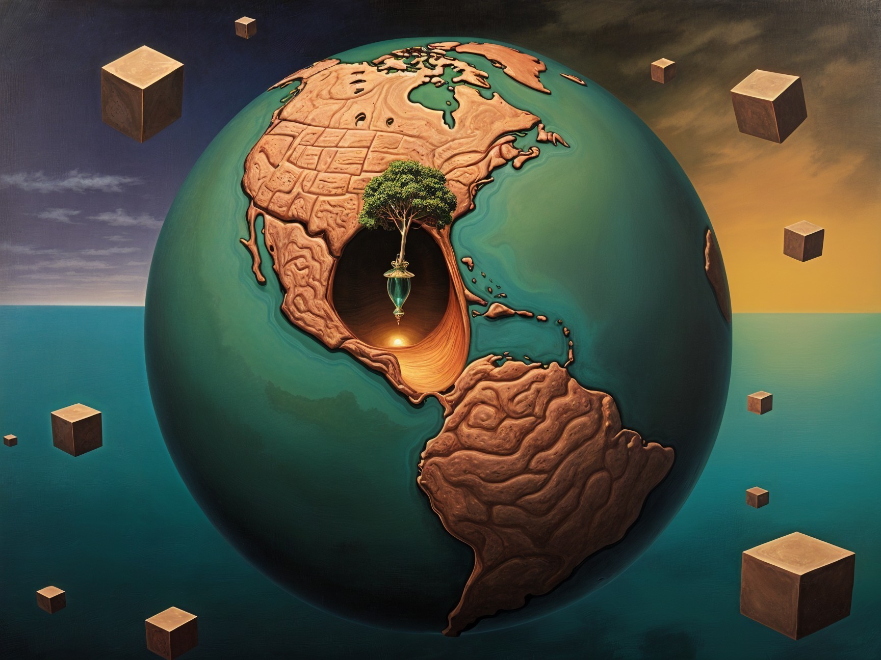 Stylized Globe with Tree and Floating Cubes