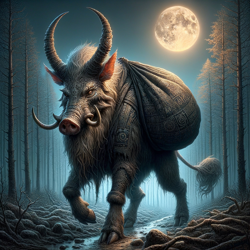 Mystical Horned Boar in a Moonlit Forest Scene