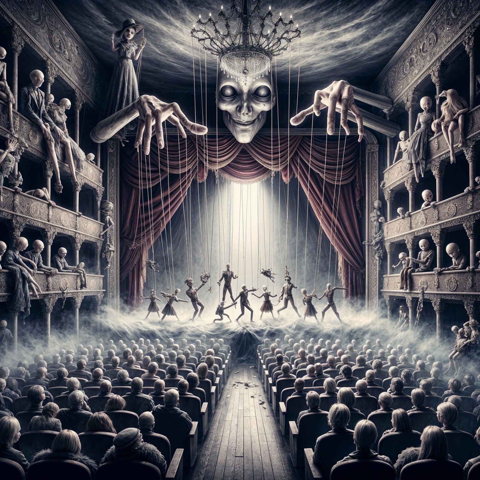 Theatrical Scene with Marionettes and Eerie Puppet Master