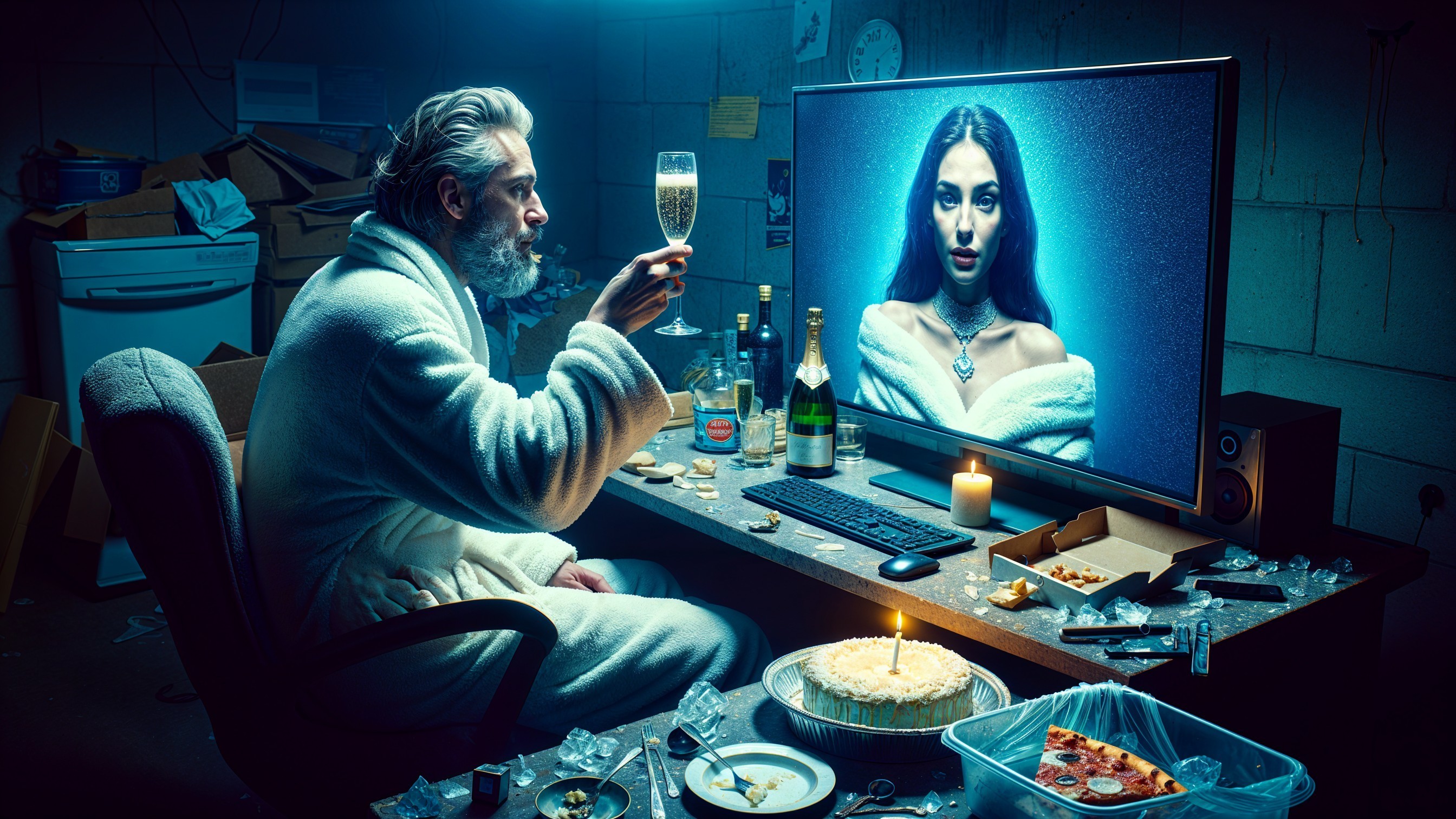 Disheveled Man in Robe at Cluttered Desk with Champagne