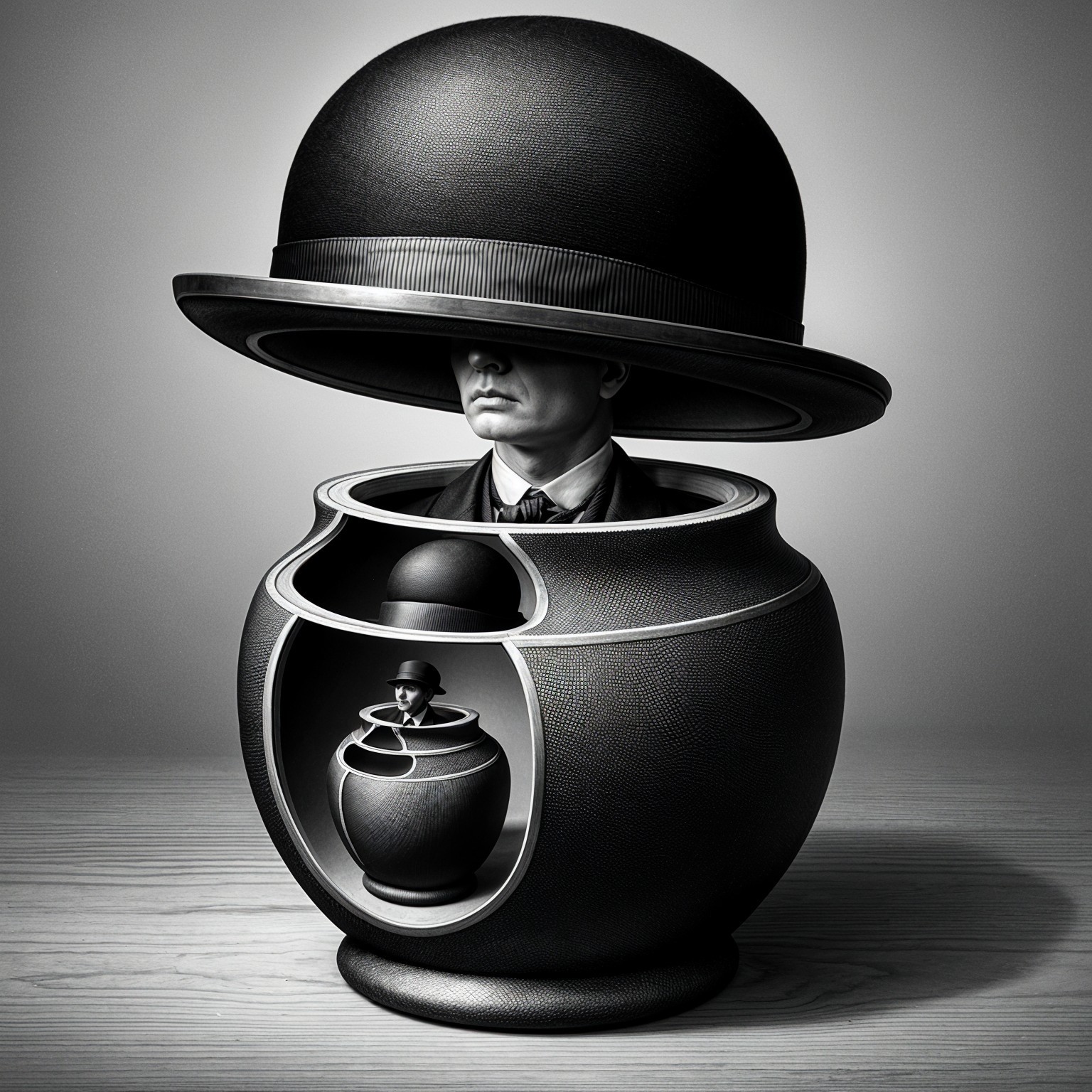 Surreal Black-and-White Image of Man with Hat