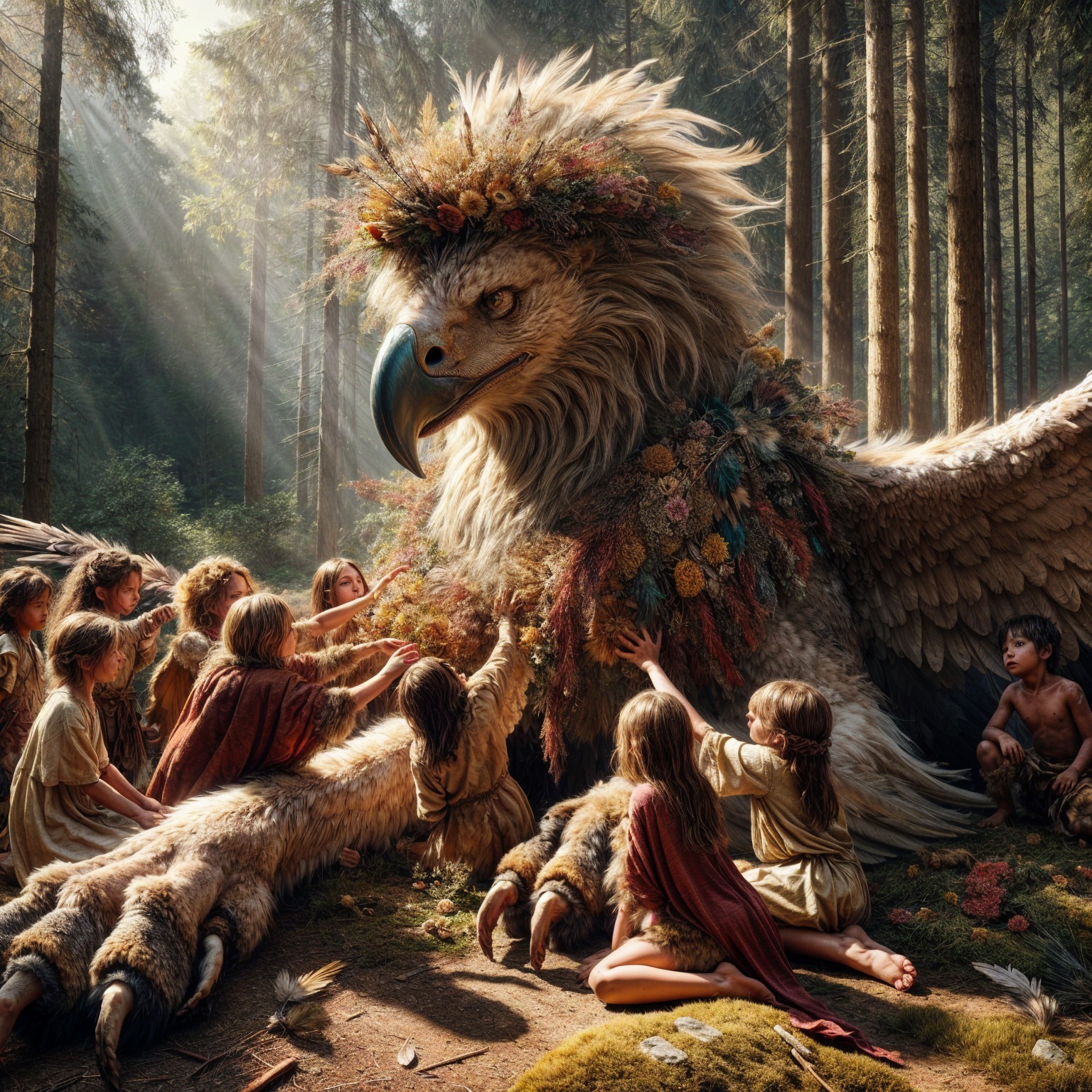 Children Gather Around a Colorful Griffin in Forest