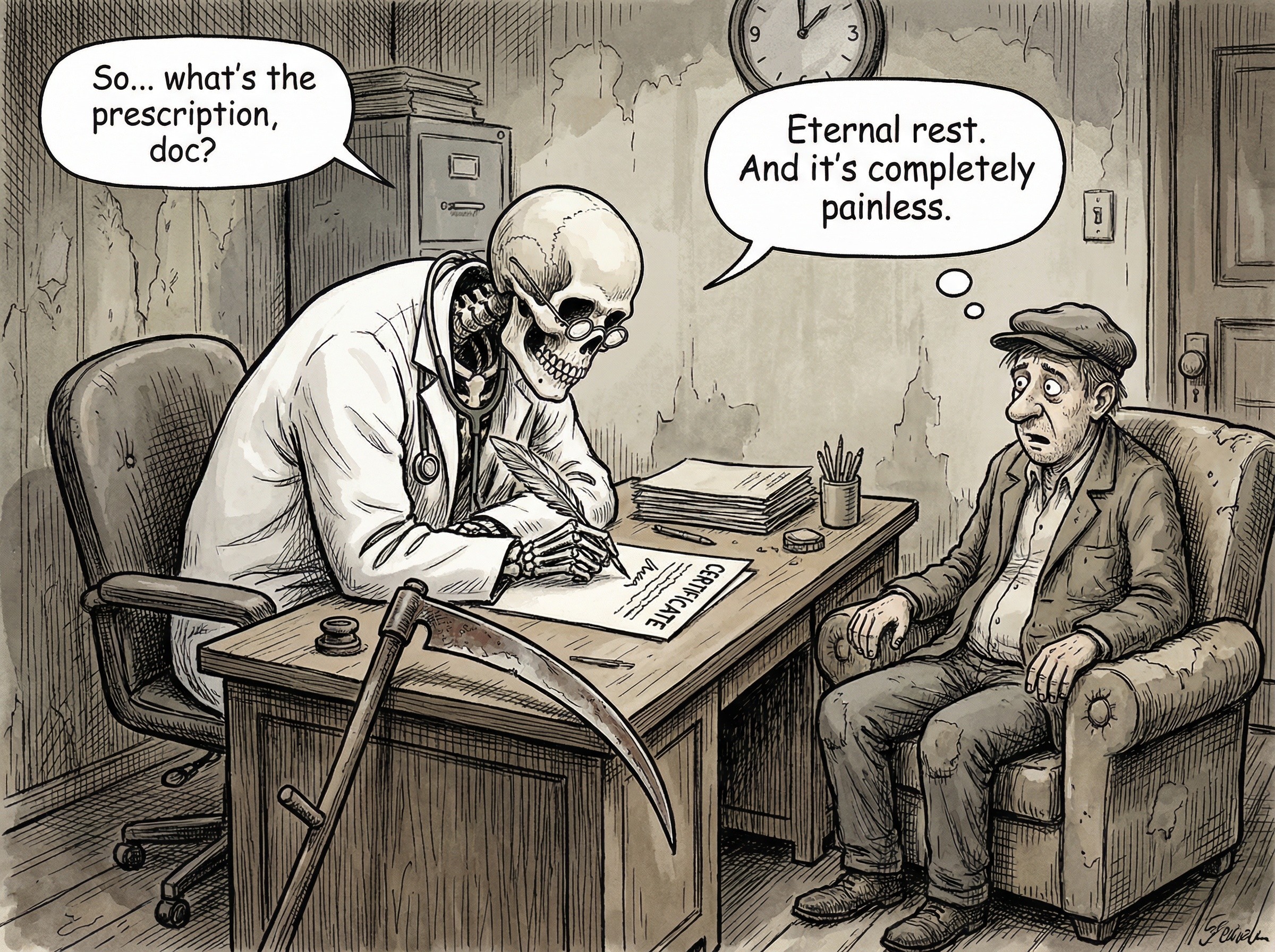 Cartoon of Grim Reaper as a Doctor Writing Prescription