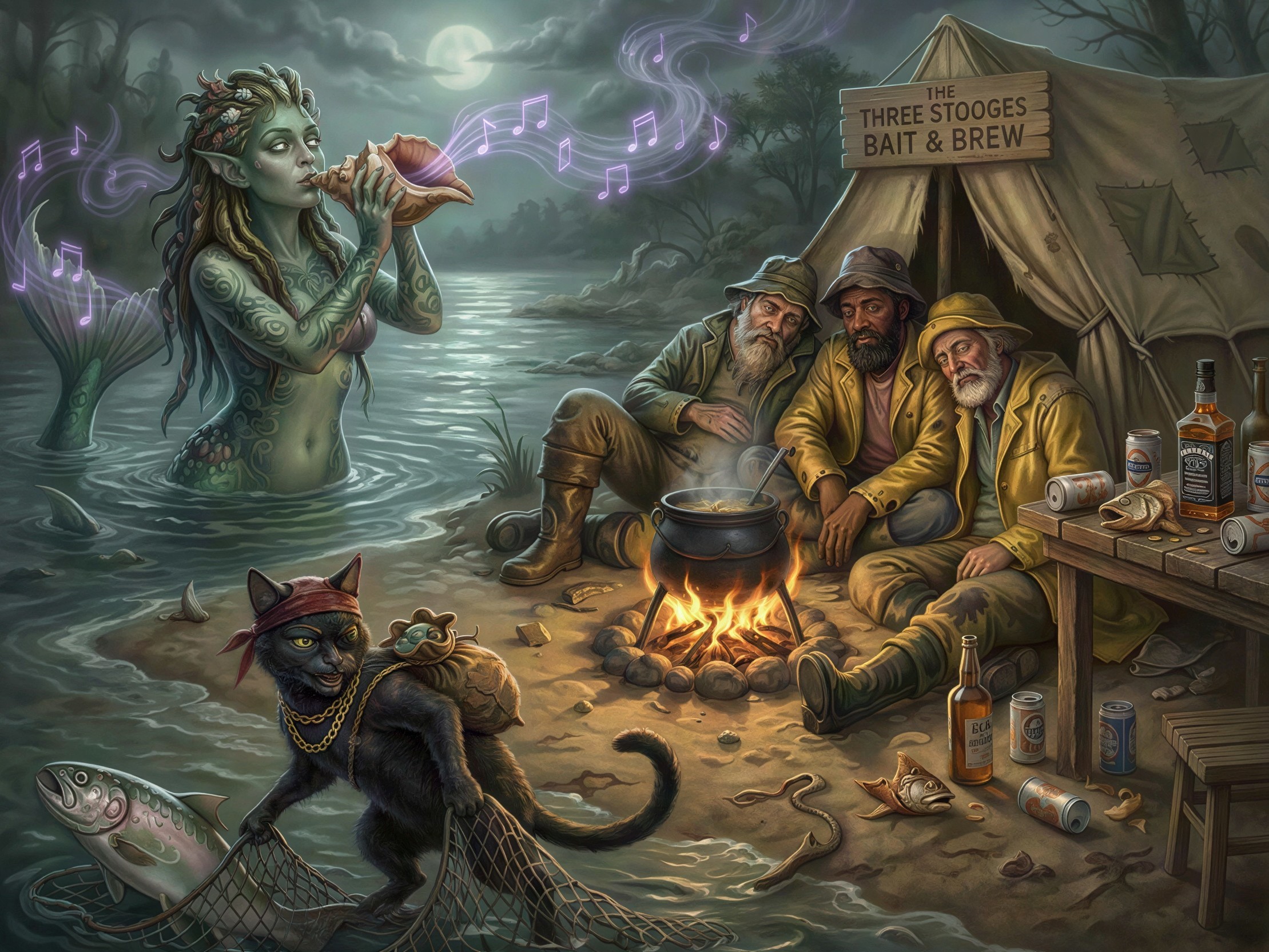 Outdoor Oil Painting of Homeless Men by Campfire