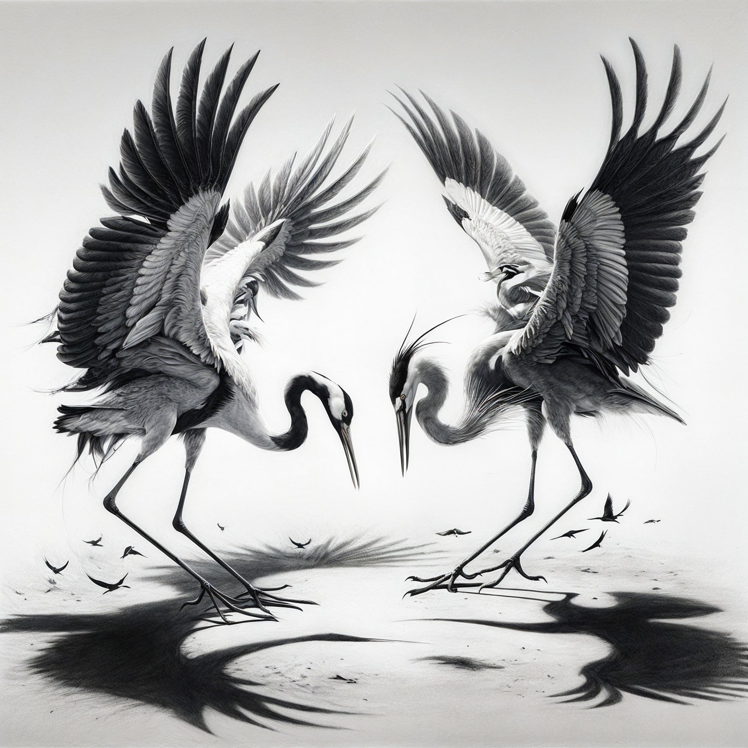 Elegant herons with expanded wings on sandy surface