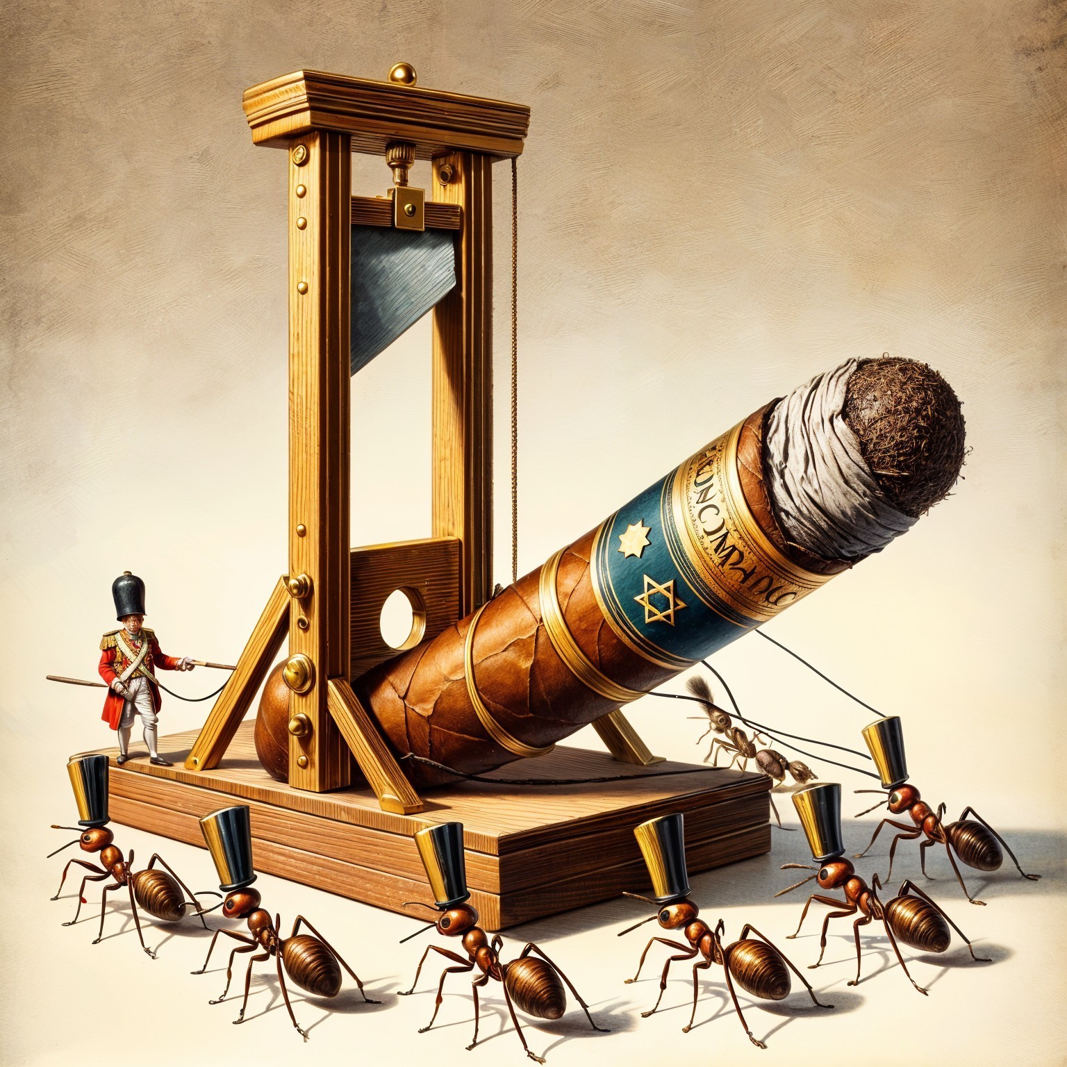 Giant Cigar on Guillotine with Ants in Mini Hats