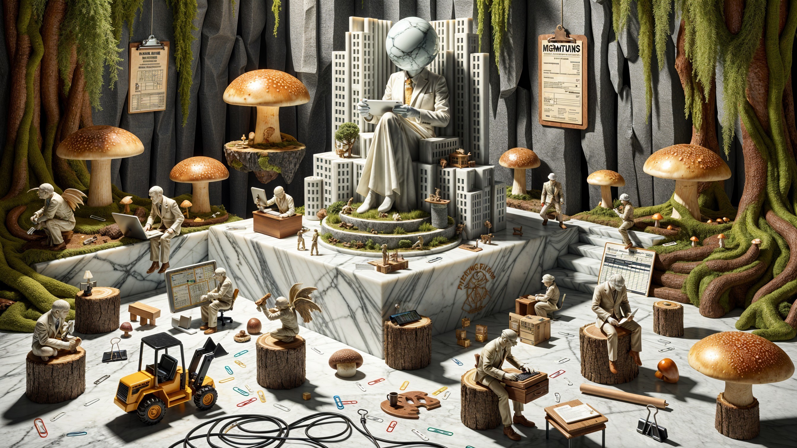 Surreal Statue with Globe Head in Miniature Cityscape