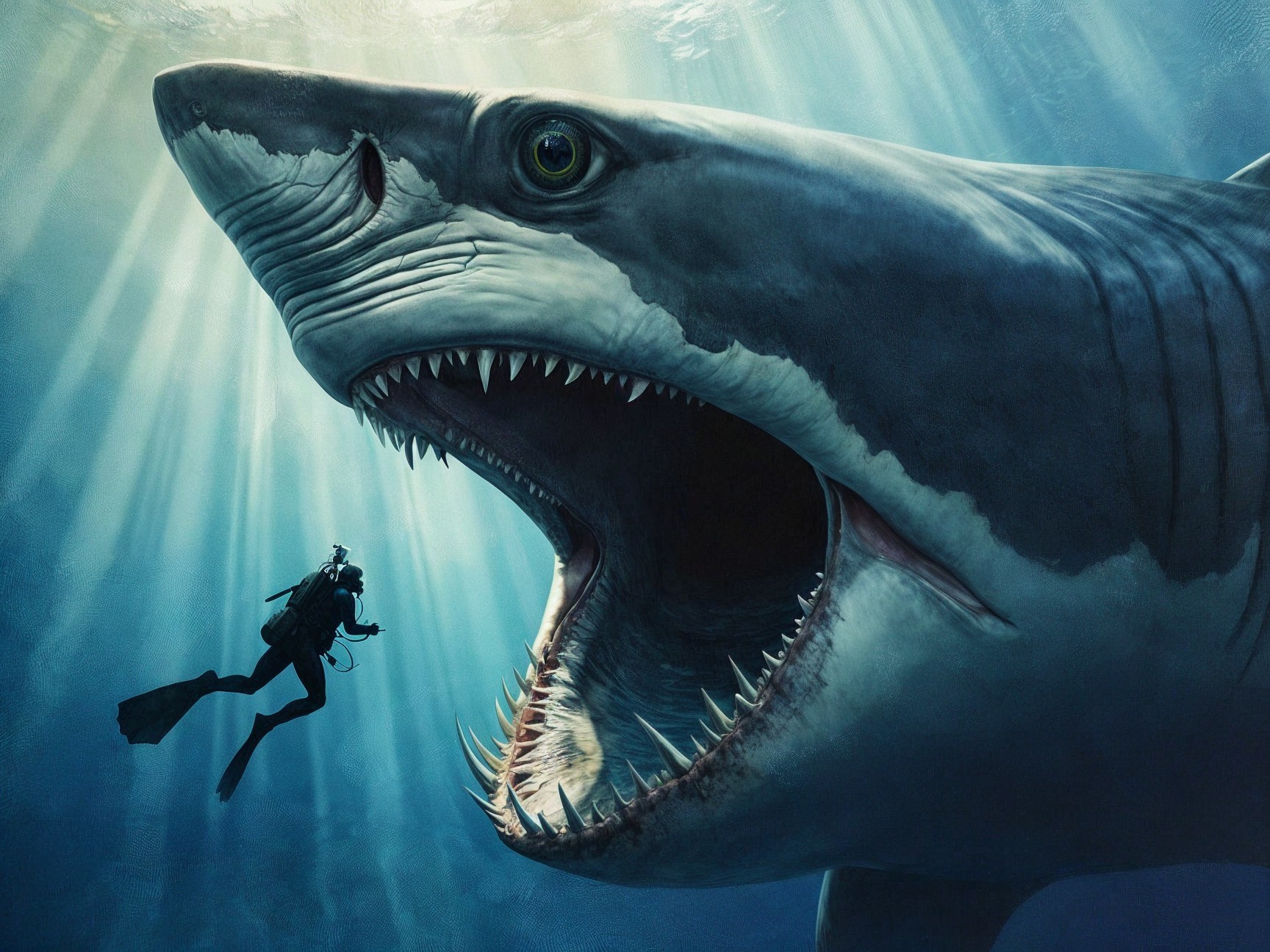 Massive Shark Swimming Underwater with Scuba Diver