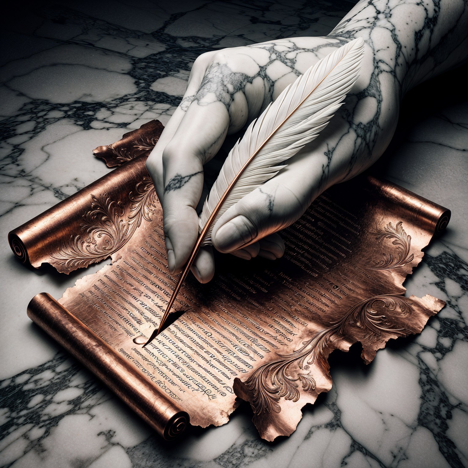 Marble Hand Holding Feather Quill on Aged Scroll