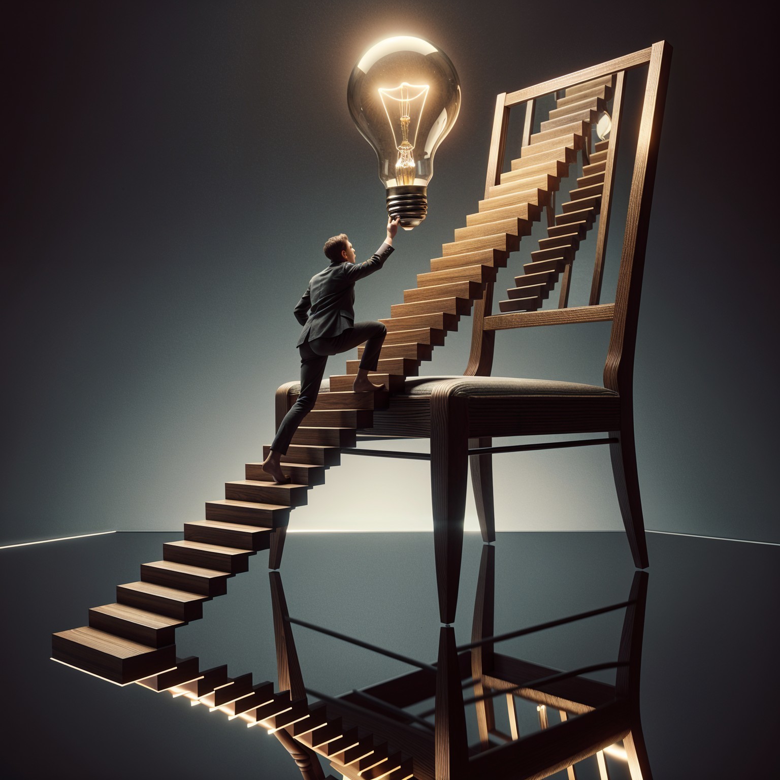 Giant Wooden Chair with Spiral Staircase and Light Bulb