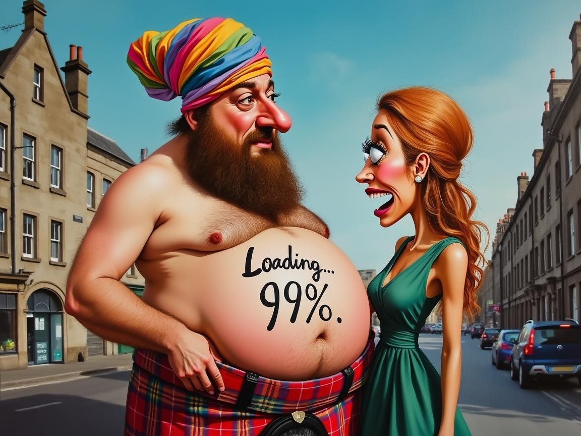 Oversized Man with Playful Message in Vibrant Street Scene