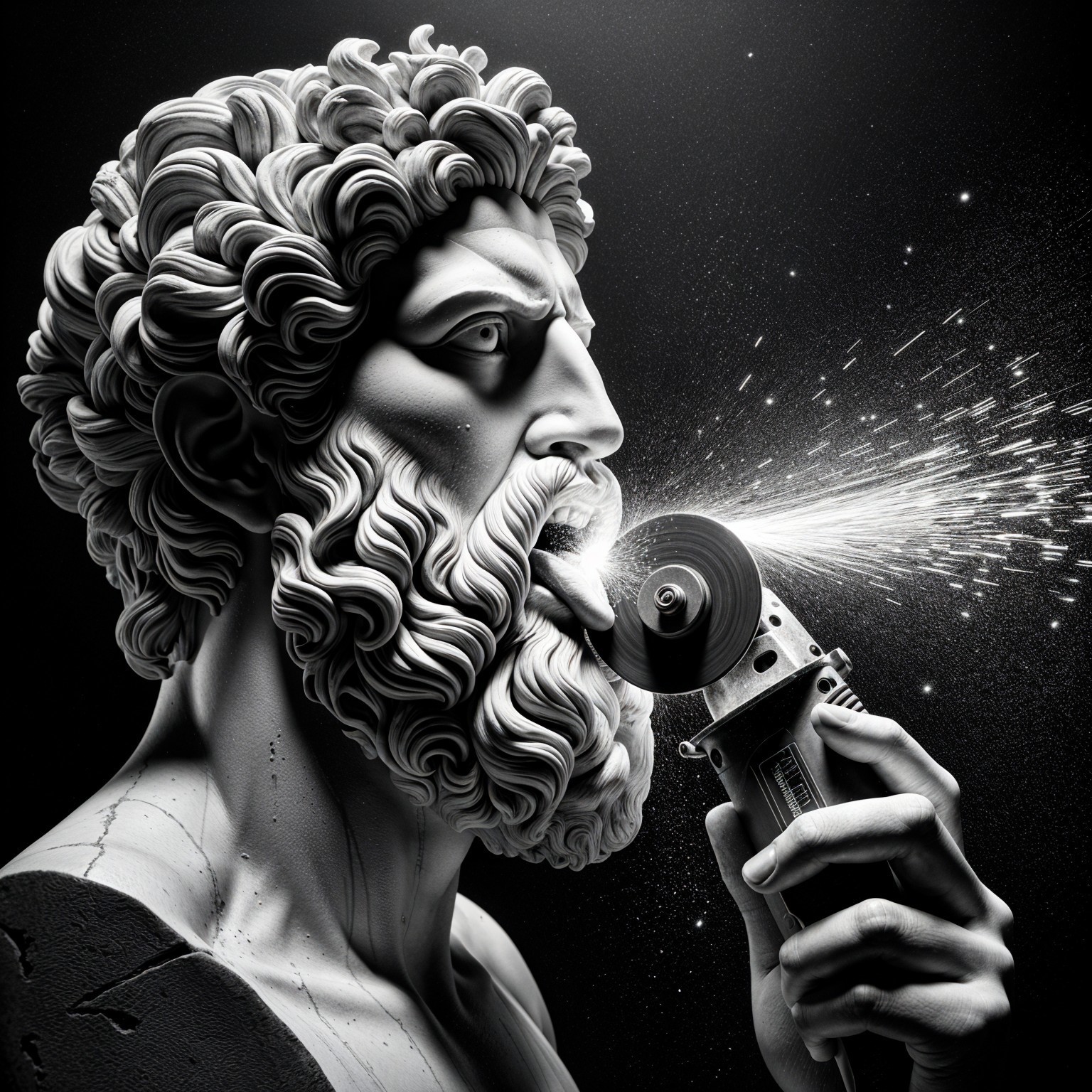 Dramatic Sculpture of Bearded Figure with Power Tool