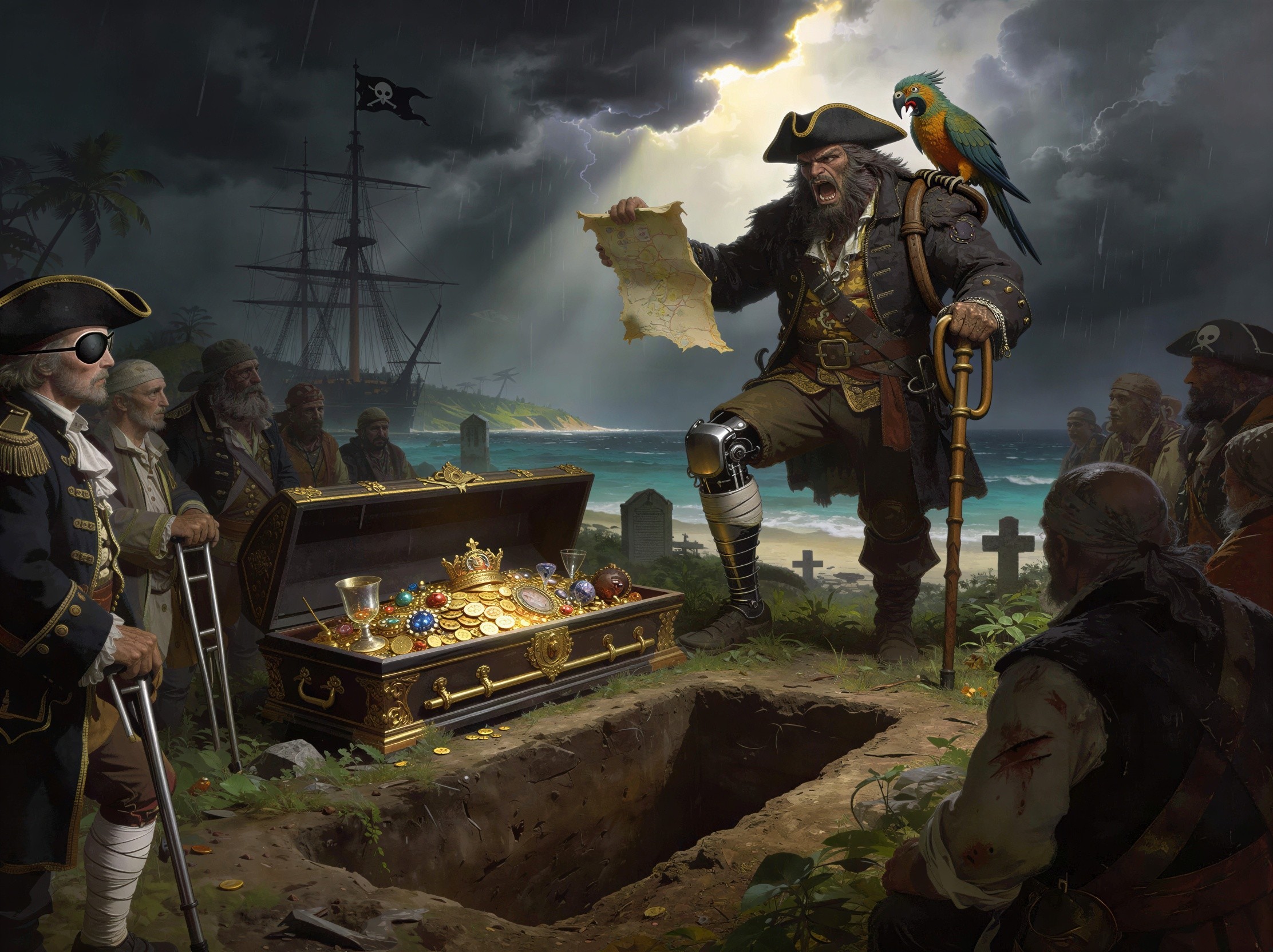 Pirates Around Coffin Overflowing with Treasure Scene