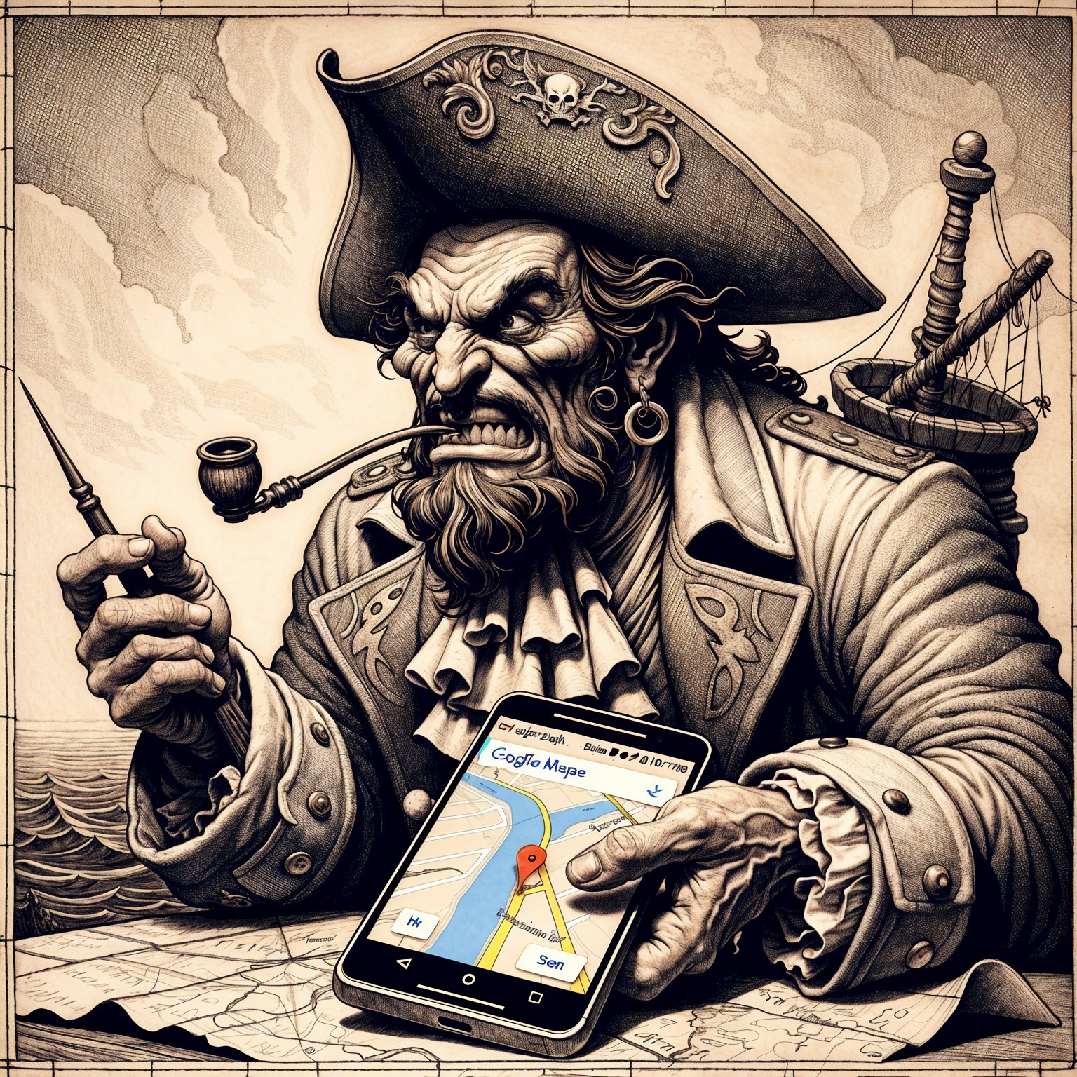 Pirate with Smartphone and Nautical Elements