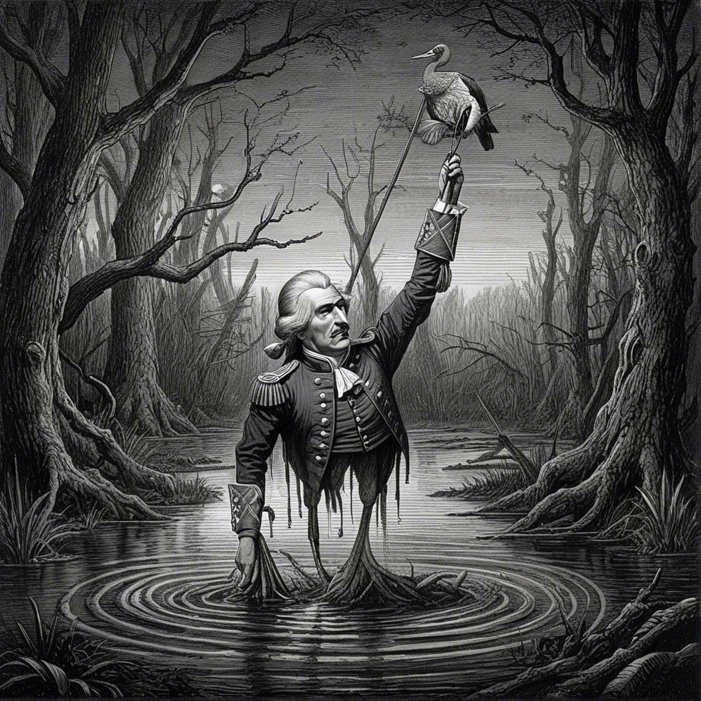 Historical figure in military uniform in dark swamp