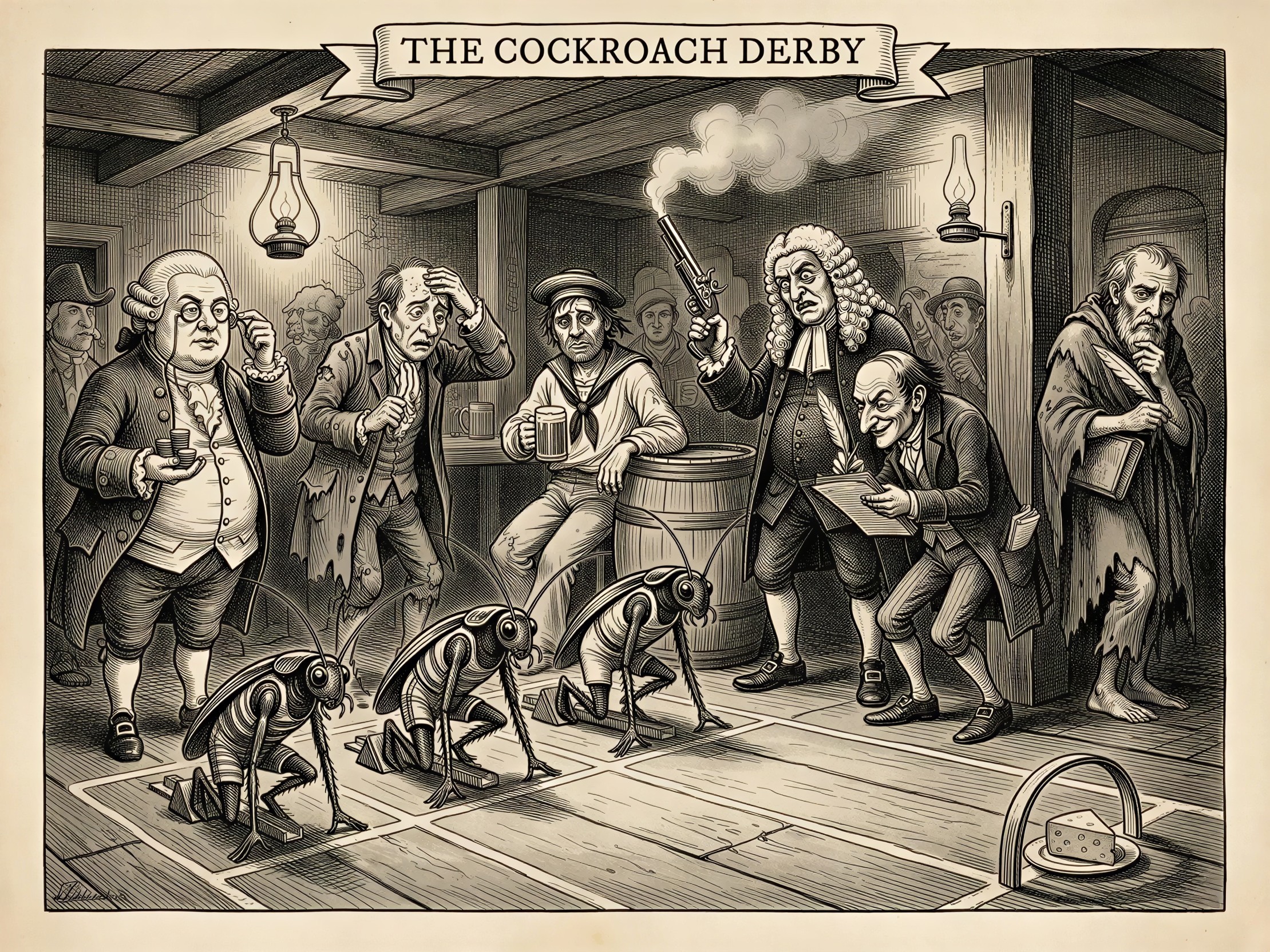 Black and white illustration of "The Cockroach Derby