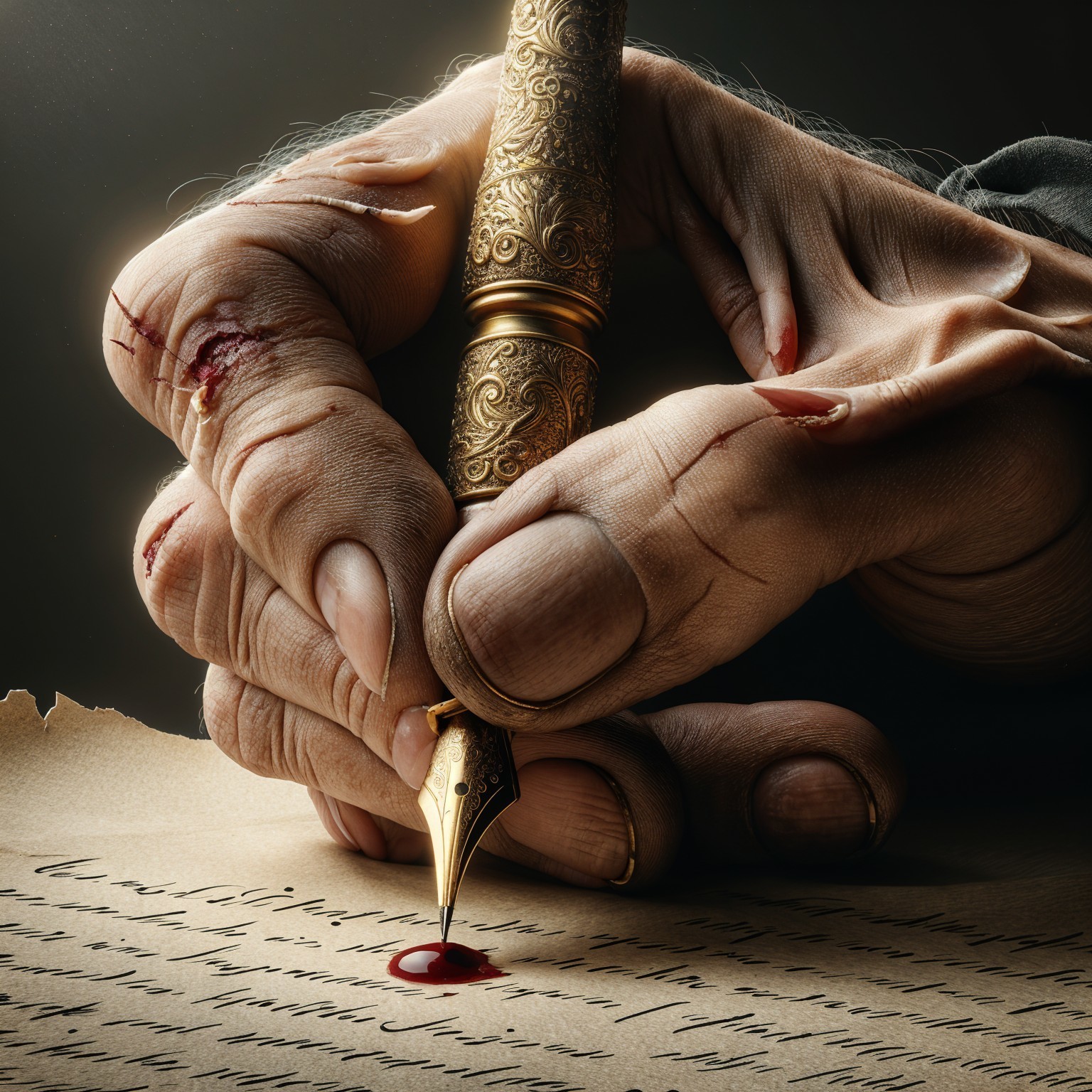 Close-up of a hand with a golden pen and aged paper