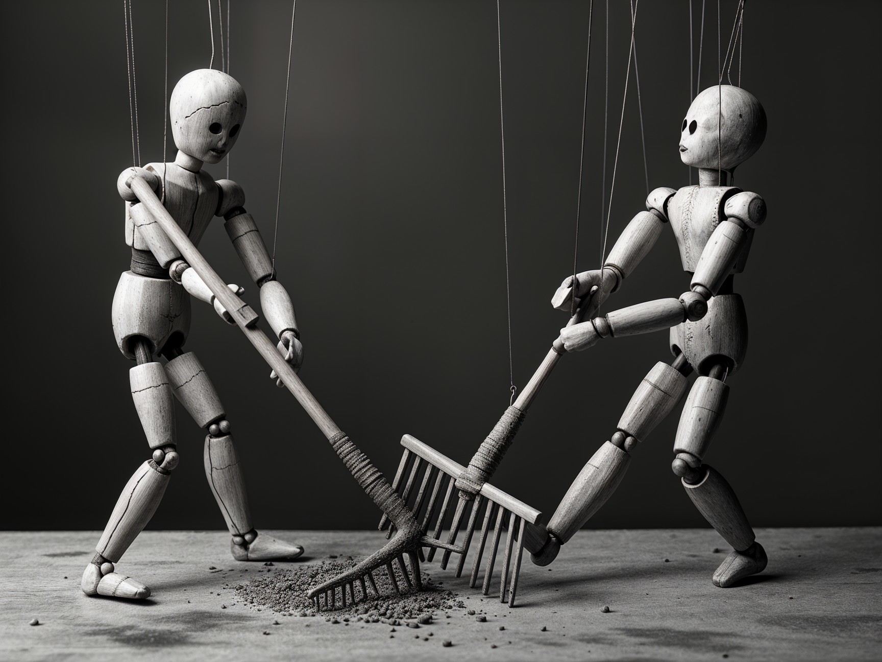 Wooden Marionettes Raking Dirt in Dynamic Poses