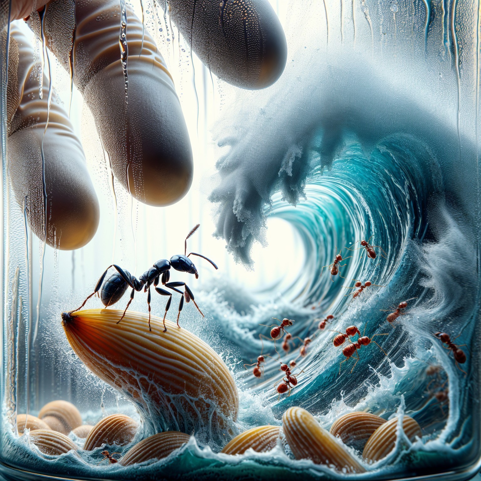 Ant on Clam Shell in Glass Container with Ocean Wave