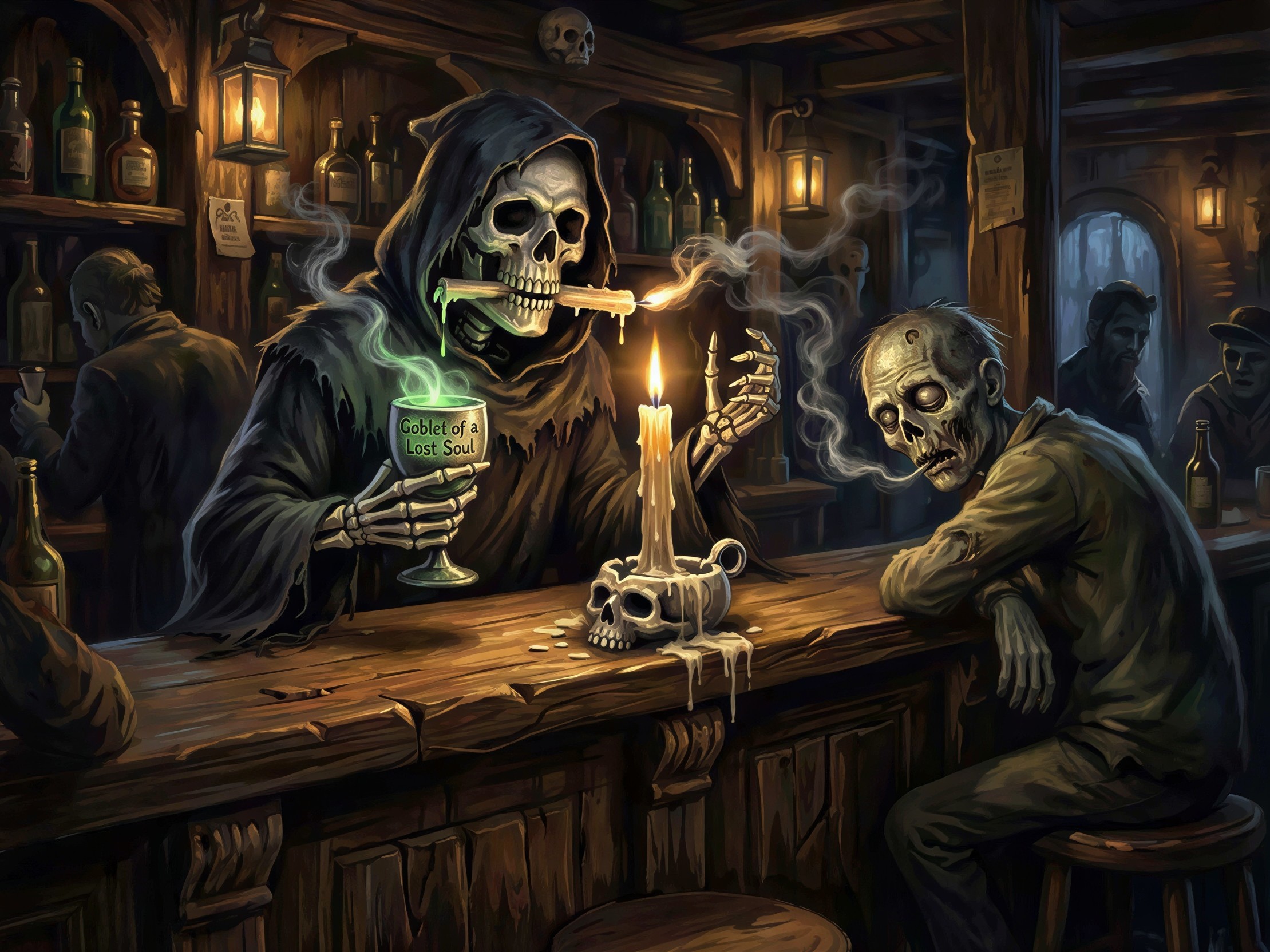 Skeleton with Goblet and Zombie at Dimly Lit Bar