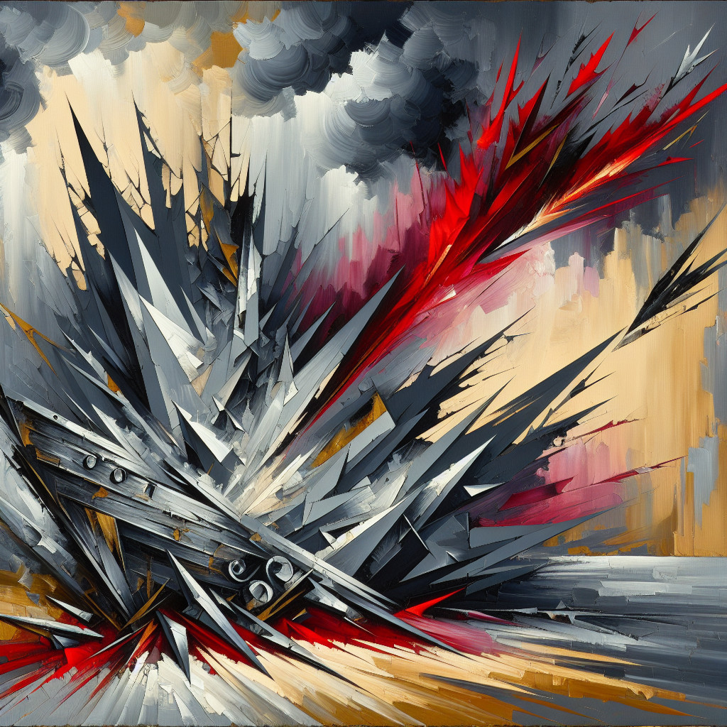 Abstract Artwork with Jagged Forms in Gray and Red