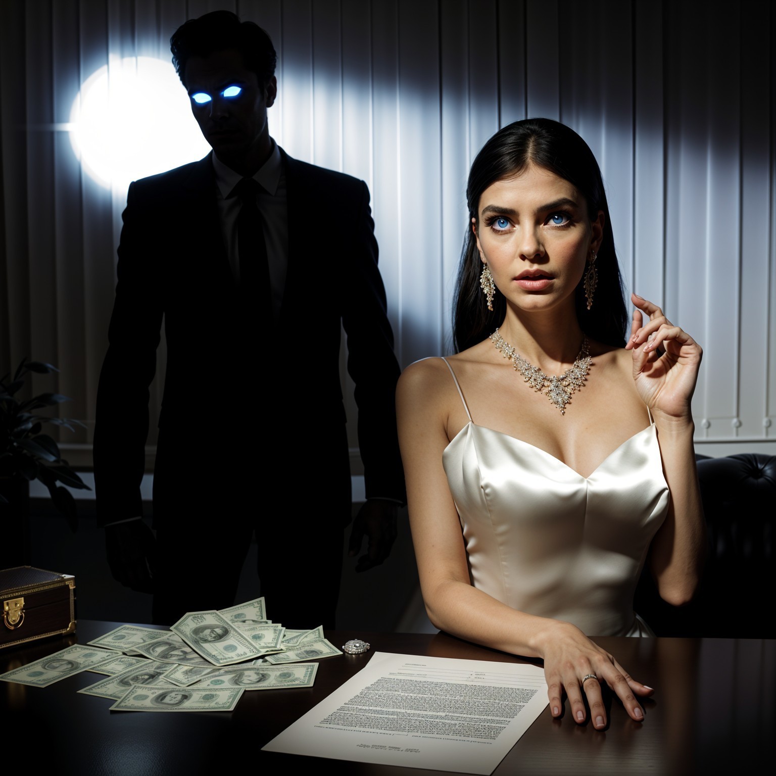 Glamorous Woman in Satin Gown with Ominous Figure