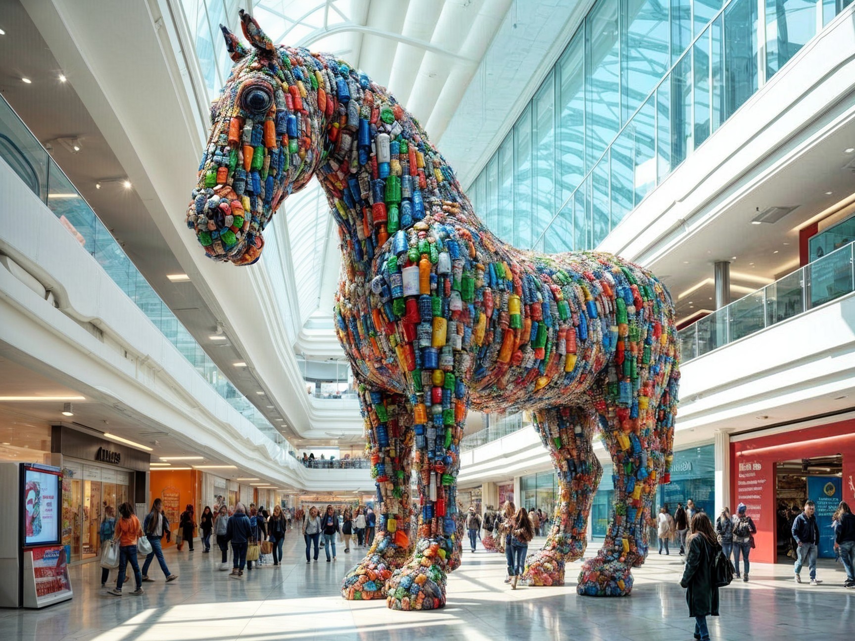 Colorful Can Sculpture of a Horse in Shopping Mall